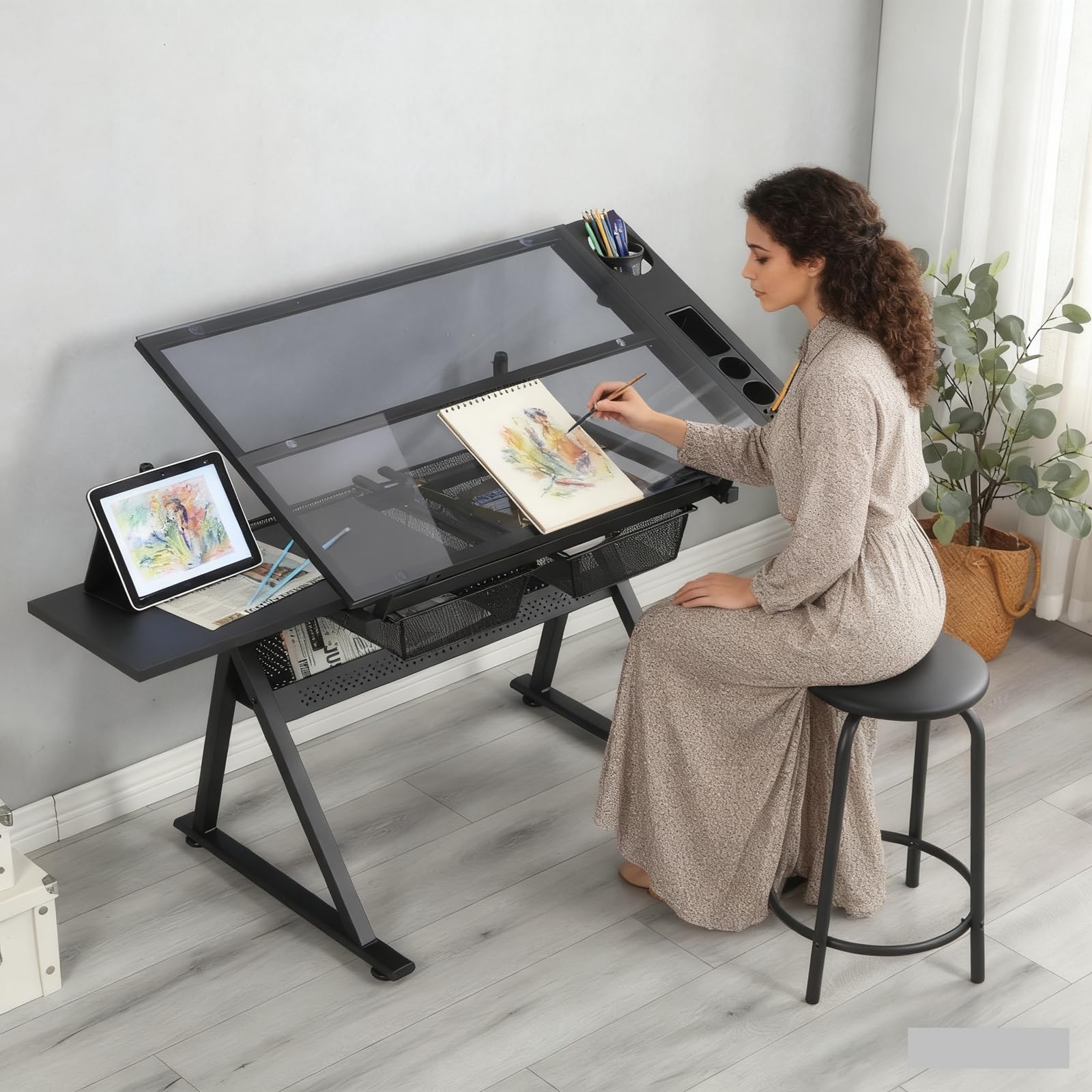 Drafting Table, 0-75° Tilting Glass Tabletop Drawing Table with Stool - Adjustable Height Art Desk with Multi-Storage for Sketching and Painting - Perfect for Artists and Hobbyists