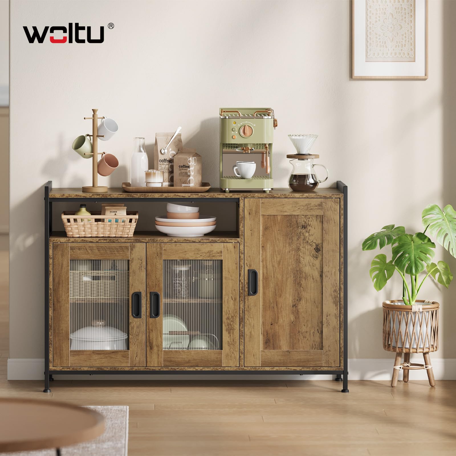 WOLTU Credenza Cucina con 3 Ante, Mobile Buffet Salvaspazio con 2 Ripiani Regolabile, in Legno e Metallo, per Cucina, Soggiorno, Ingresso, 110x33x75 cm, Effetto Legno Marrone
