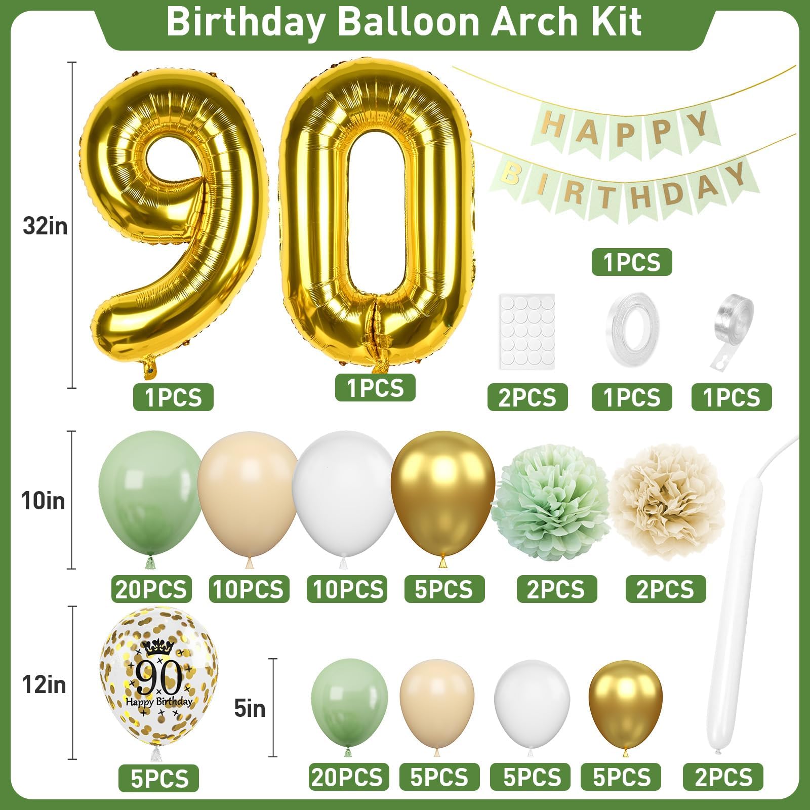 Decoraciones de 90º Cumpleaños Verde salvia,Decoraciones de 90º Cumpleaños Guirnalda de Globos con Globos del Número 90 para Hombres Mujeres Decoraciones de 90º Cumpleaños