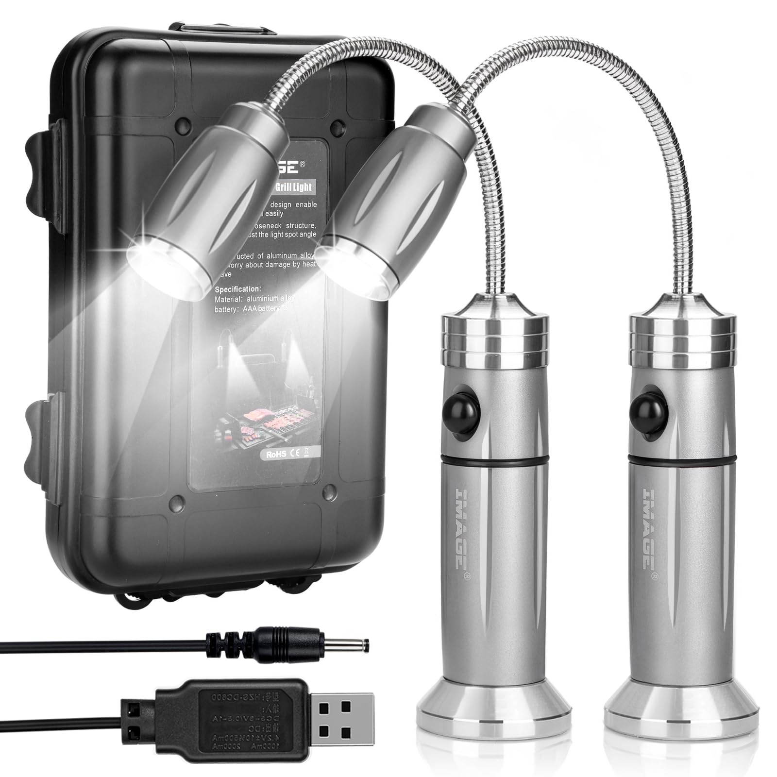 IMAGE Wiederaufladbare ultrahelle Grillampe mit superhellen LED-Lichtern, flexible Schwanenhals-Grilllicht mit Magnetfuß, vollständig einstellbar batteriebetrieben, Geschenke für Männer Vatertag, weiß