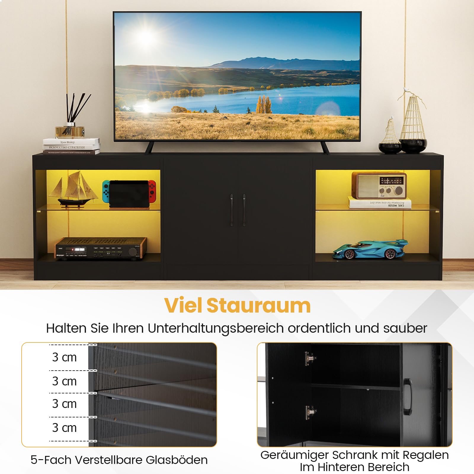 COSTWAY 3- in-1 TV-Schrank, Fernsehtisch für Fernseher bis zu 85 Zoll, 195 cm lang Lowboard mit LED Beleuchtung & verstellbaren Glasregalen für Wohnzimmer, Schlafzimmer, Esszimmer (Schwarz)
