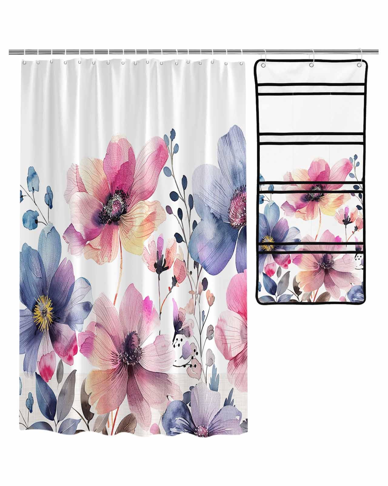 Floral Shower Curtain Mesh Shower Organizer Hanging Set Watercolor Flowers Plants Waterproof Shower Curtains with 10 Pockets Quick