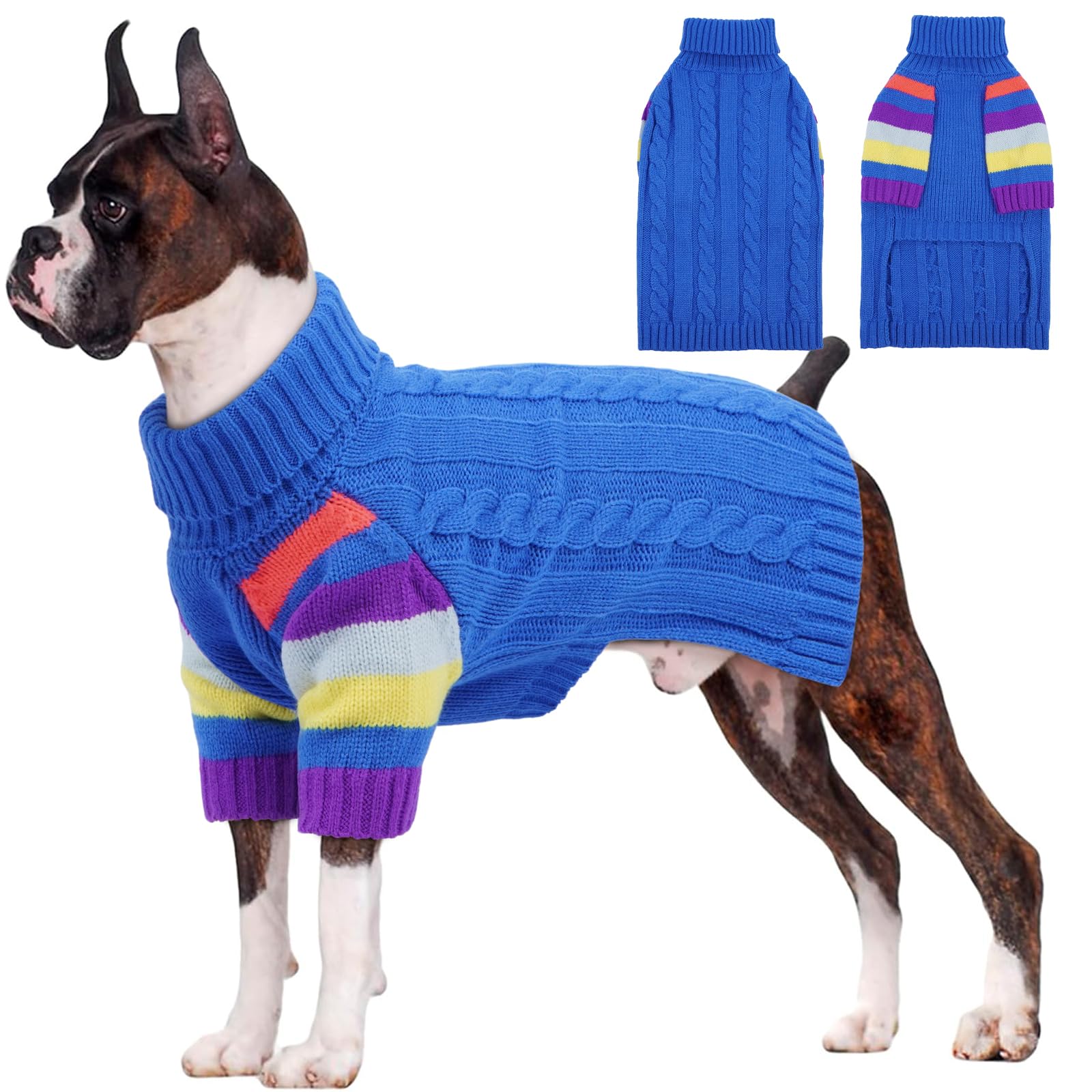 OUOBOB Dog Jumper with High Neck & Striped Sleeves, Elastic & Breathable Sweater for Large Dogs, Easy On/Off Stretchy Cuffs, High Belly Cut, Warm Sweaters for Boxer, Great Dane, Blue 4XL — image 1
