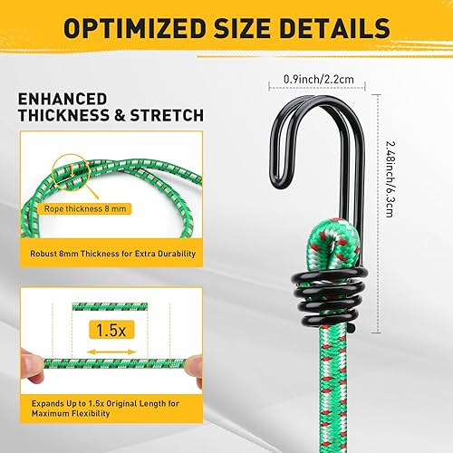 Miniatura 3 de ELEAD 25 cuerdas elásticas con ganchos en tarro de almacenamiento, varios tamaños de 10, 18, 24, 32, 40 pulgadas, cuerda luminosa de 23 pies, lazos