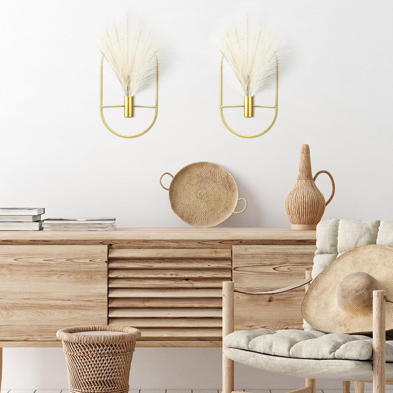 Peryiter 2 Pcs Boho Wall Decor Metal Gold Wall Art Hanging Planters with Artificial Pampas Modern Home Decor Display Art for Living Room Bedroom Bathroom(Oval)