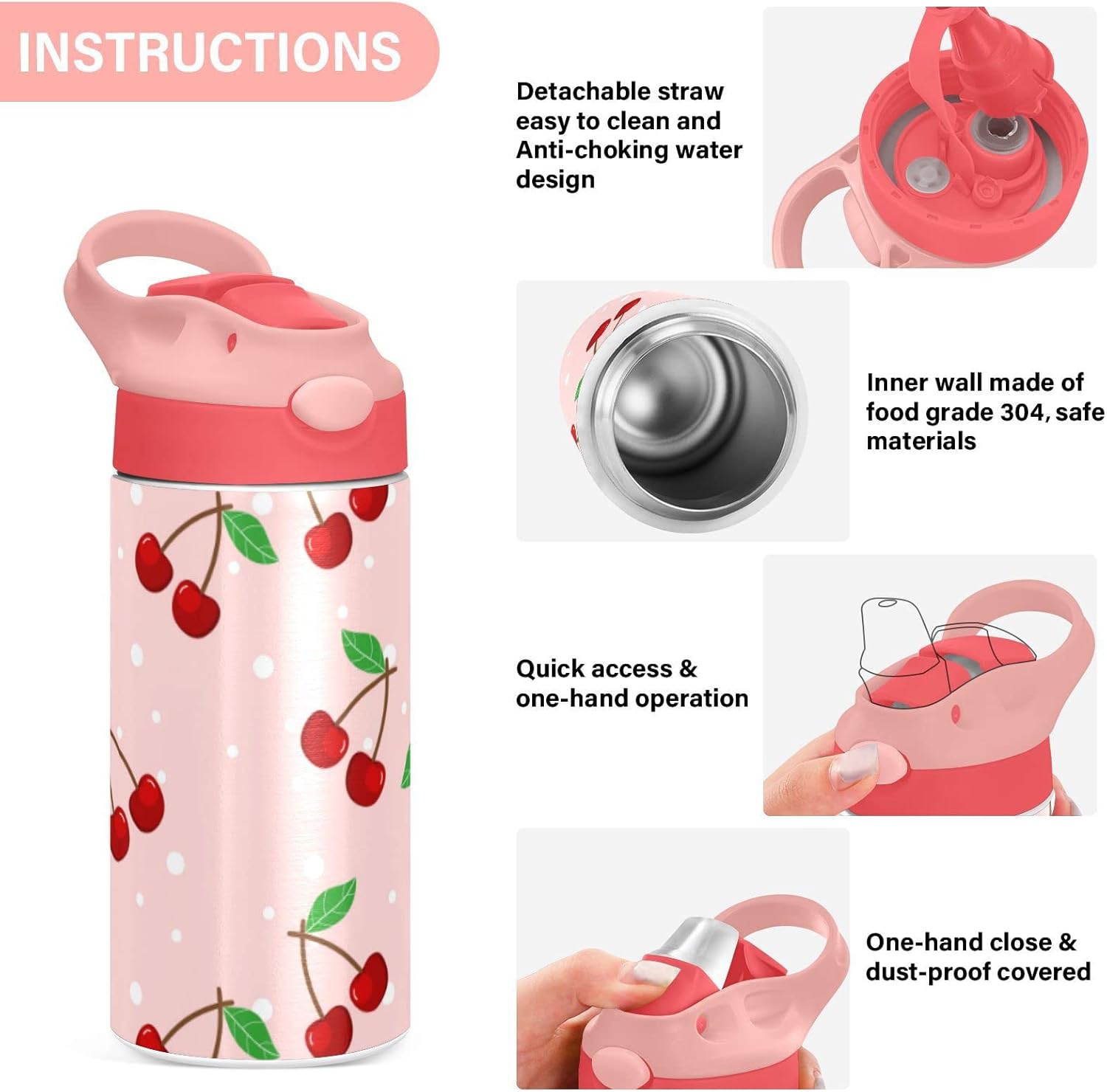 Cherry Water Bottle with Straw Lid, Leakproof Double Walled Vacuum Insulated Stainless Steel Thermo Flask Travel Tumbler for Kids, Girls - Image 5