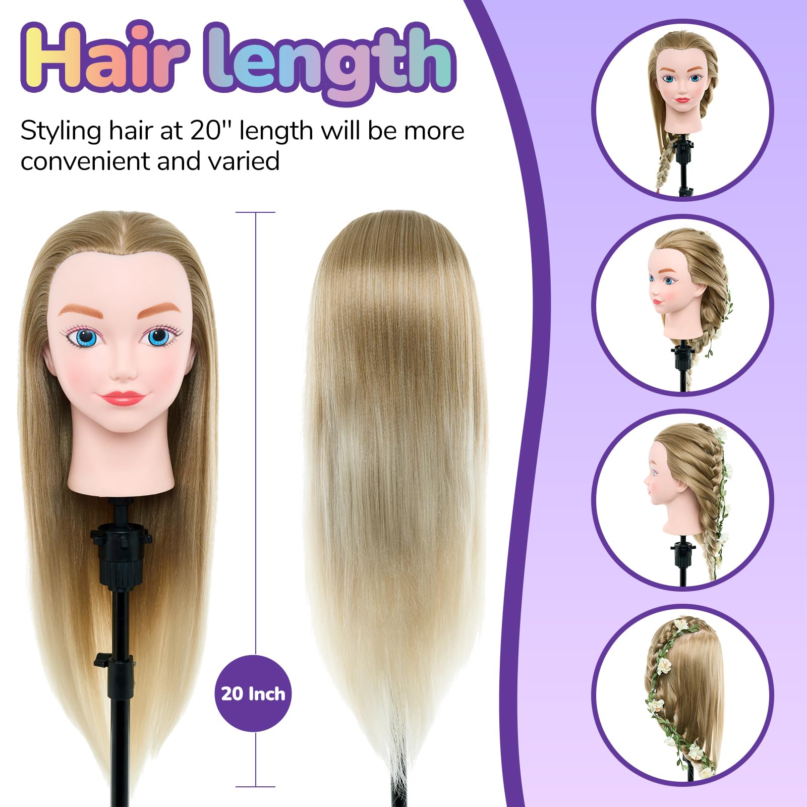 NEVERLAND 20 inch Testa per Parrucchieri 100% fibra sintetica Capelli Testa Parrucchiere Testa bambola da truccare e pettinare Manichino Pratica Modello Con Morsetto & DIY Hair Styling Tools - 4