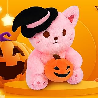 Halloween Cat Plush Pillow Toys, 9“ Cute Pink Cat Stuffed Animals for Kids Girls, Halloween Plush Witch Cat Plushi Kawaii Stuffed Cat Toys Plush Doll Decorations