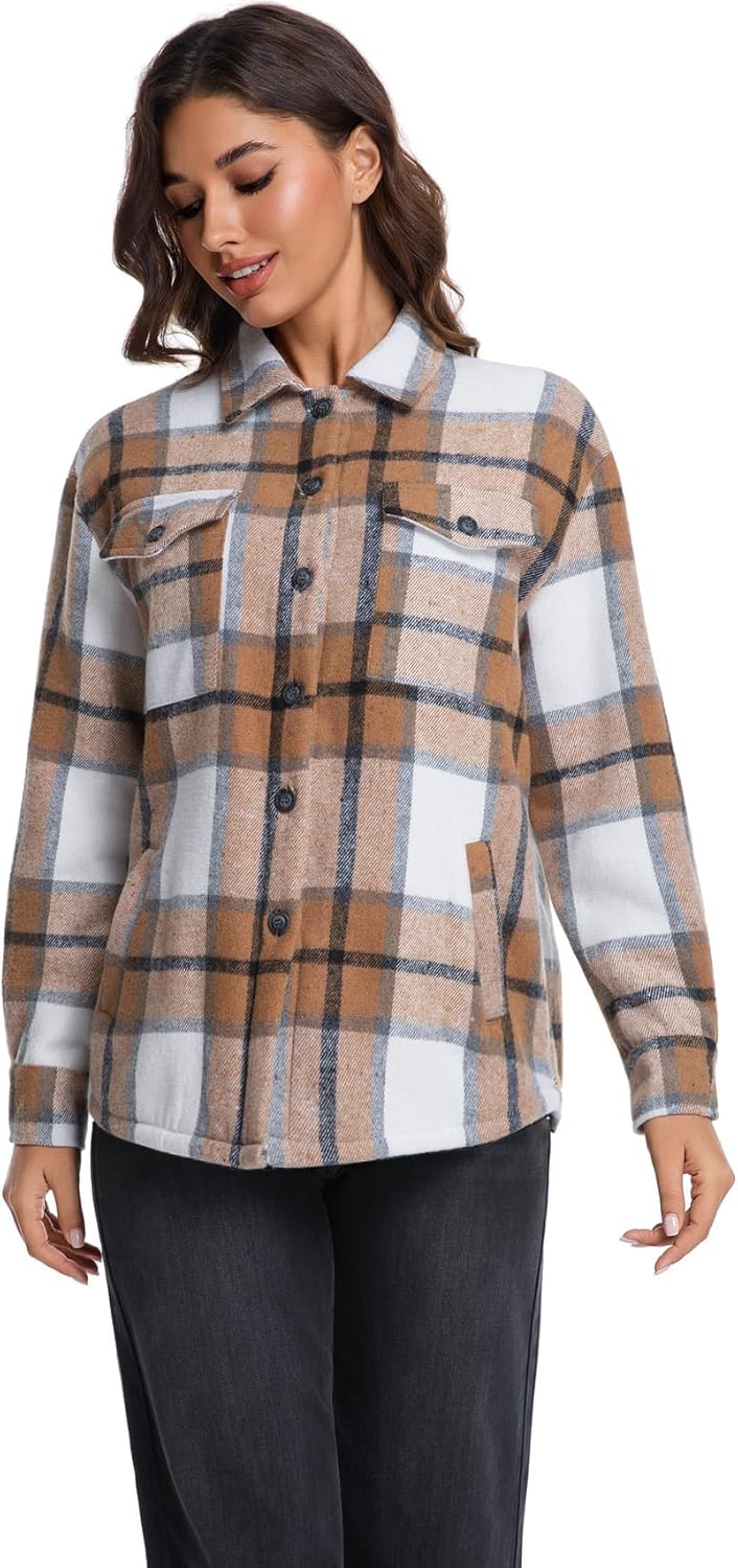Women's Sherpa Fleece Lined Flannel Shirt Jacket Plaid Button Down Jacket Shacket for Women