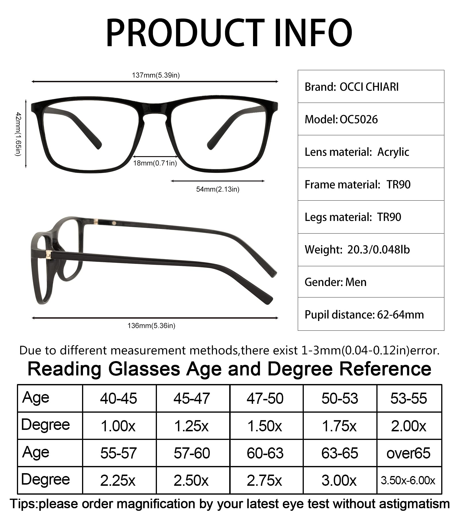 OCCI CHIARI Large Men's Reading Glasses 2.0 Rectangle Readers Glasses for Men Large Black Magnifying Glasses for Reading (Black,200) - Image 3