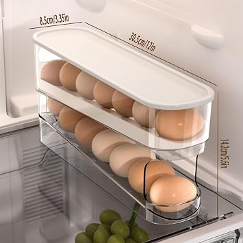 Bnimtm Rolling Egg Storage, Egg Holder for Fridge, Space Saving Egg Rack for Refrigerator, 2-Tier Egg Dispenser Organizer with Transparent Cover, Holds 12 Large Eggs,Patent Nr. 015073606