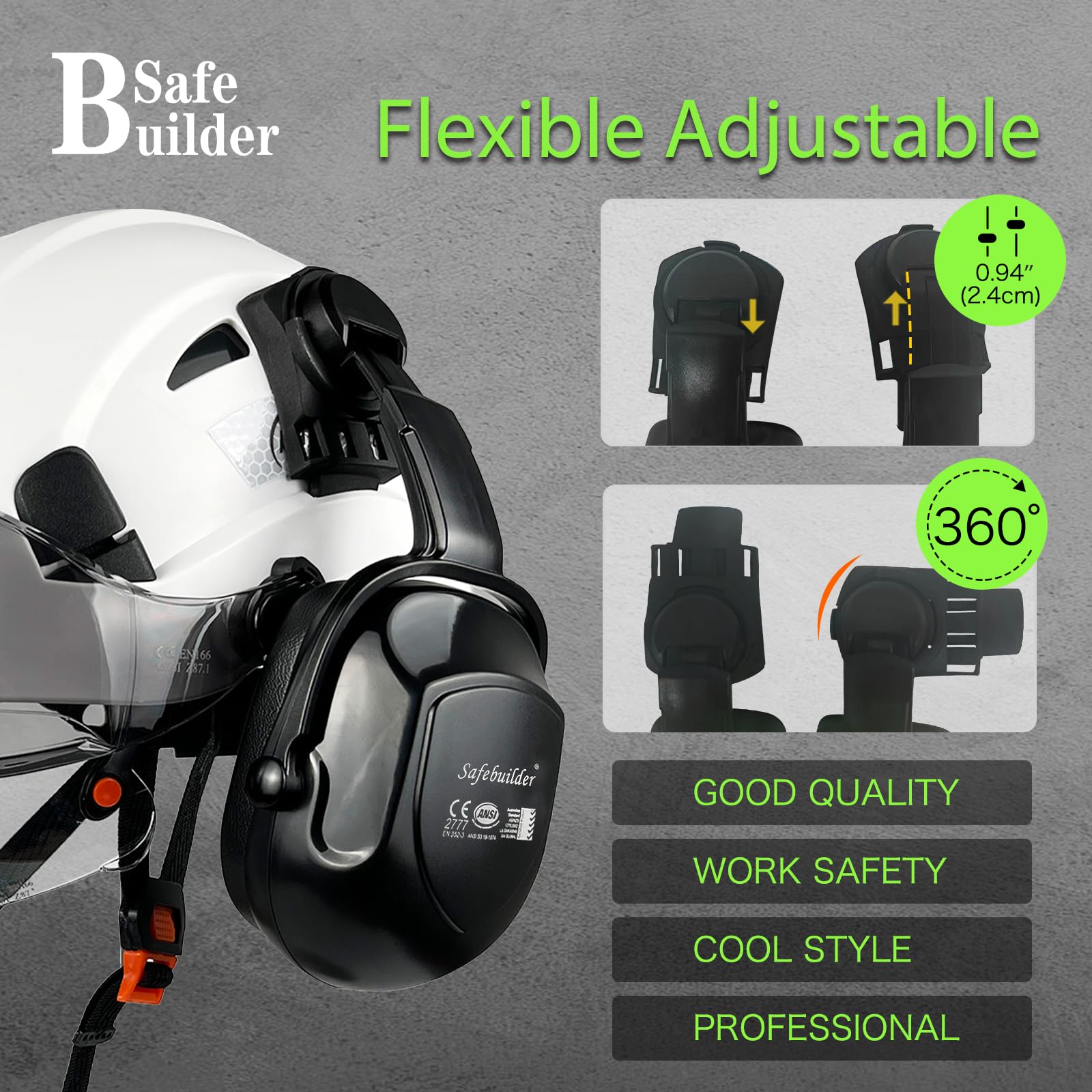 SAFEBUILDER Bauschutzhelm mit Visieren, klare und getönte Ohrenschützer, Gehörschutz, Industrie, Arbeit, Schutzhelm für Ingenieure (weißer Helm mit klarem und getöntem Visier und Ohrenschützern)