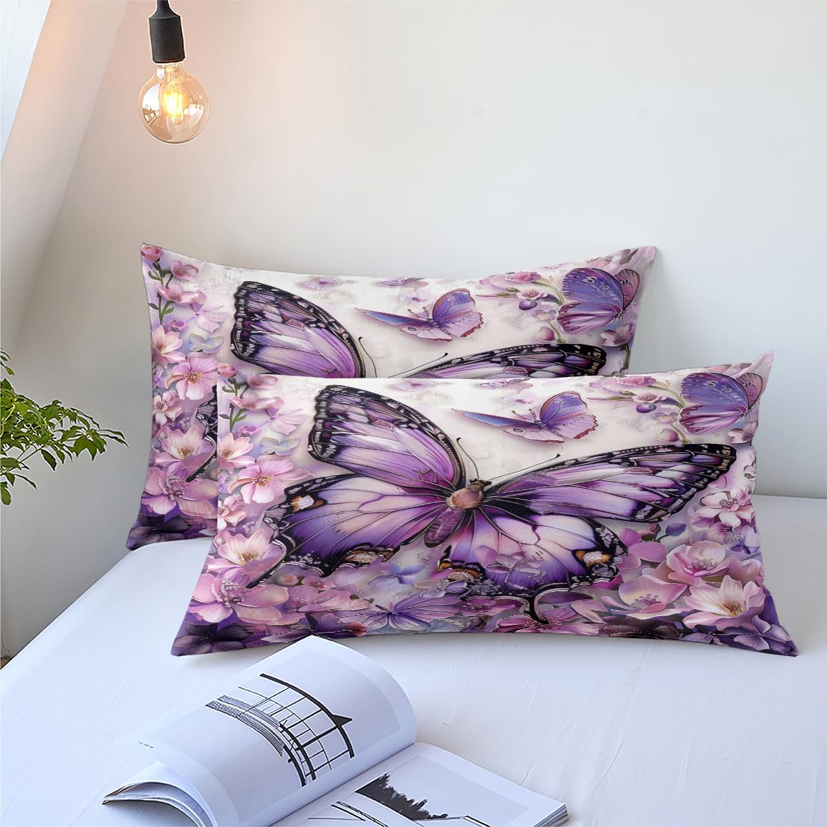 Purple Butterfly Comforter Set Queen Size Flowers Butterfly Bedding Set Chic Botanical Floral Comforter Sets Unique Animal Bed Set Soft Lightweight Comforter for All Season(Gilrs Women)