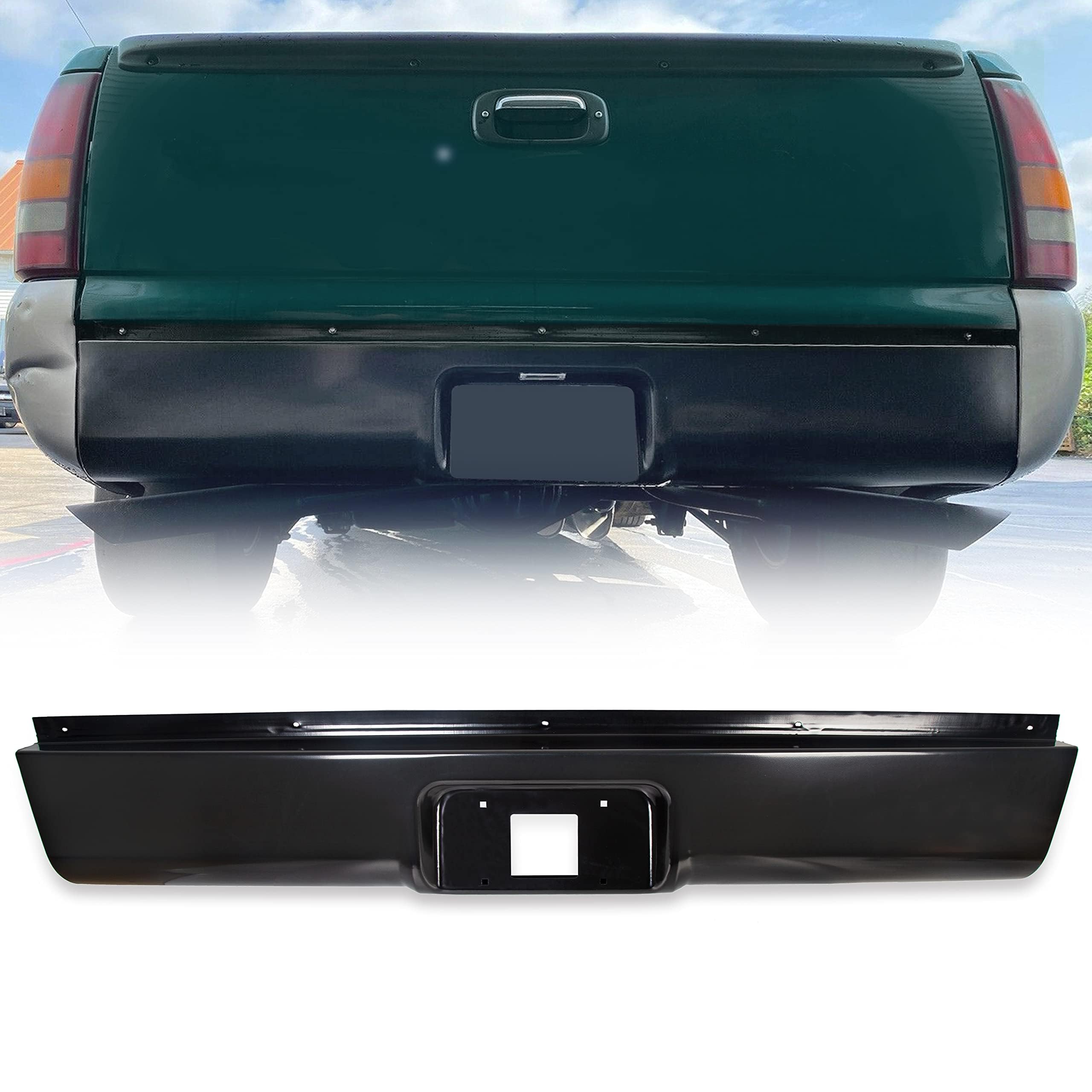 Rear Roll Pan Bumper with License Plate Light Compatible with Chevy Silverado GMC Sierra 1999-2007 Pickup Trucks Steel