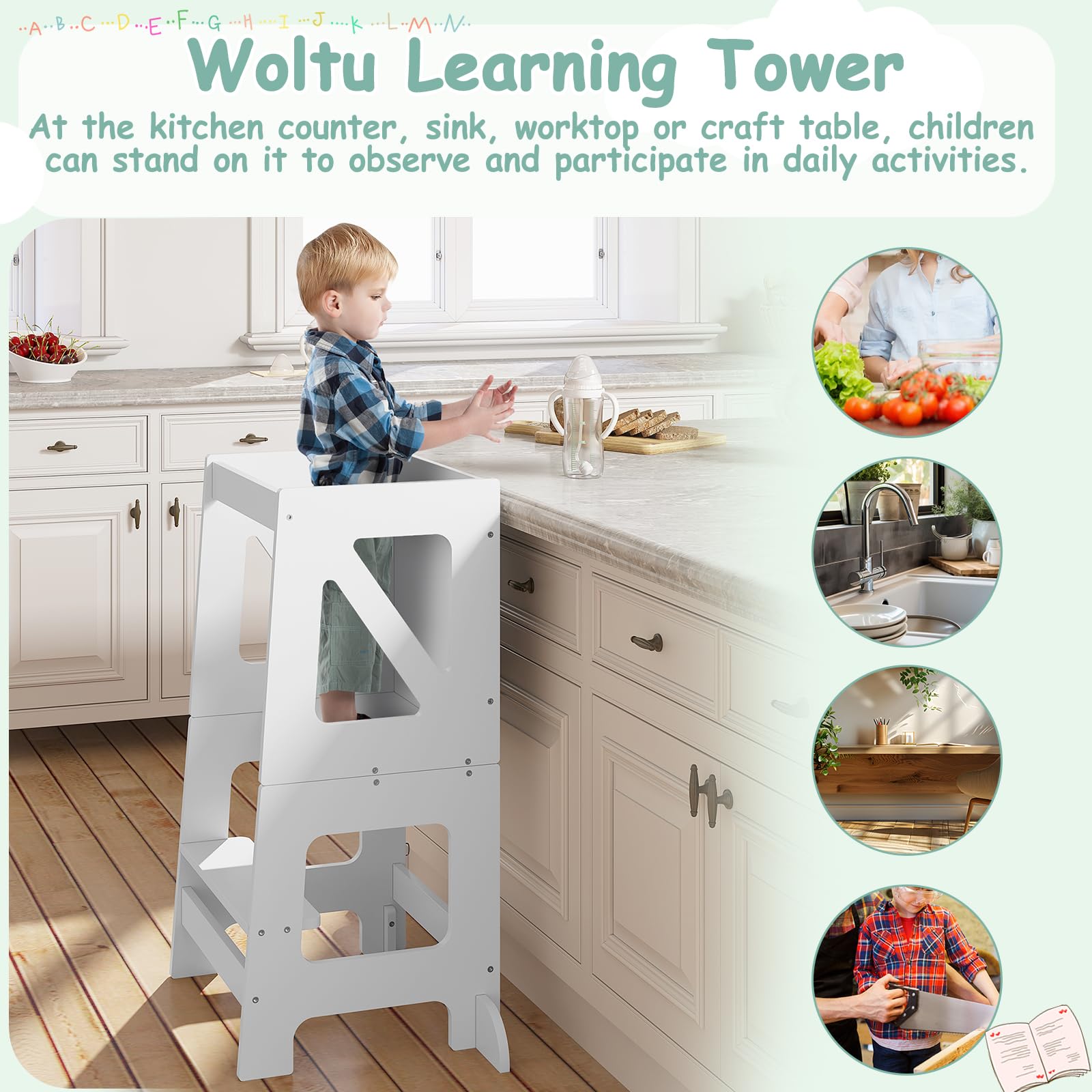 WOLTU Lernturm 3 in 1, Tritthocker Kinderhocker Kindertisch Tafel, Lernturm für Kinder, Küchenhelfer mit Rausfallschutz, faltbar, ab 3 Jahr, Weiß