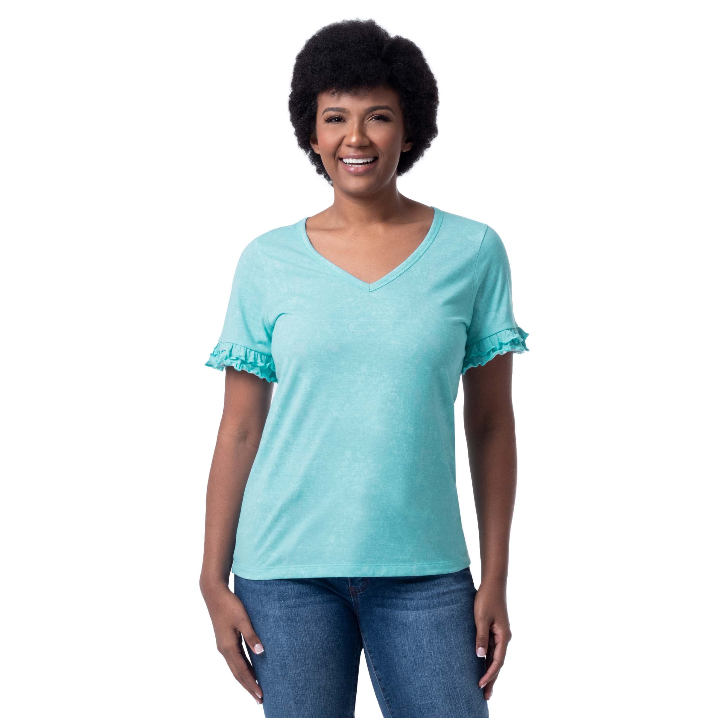 LeeWomen's Cotton Ruffle Short Sleeve V-Neck T-Shirt
