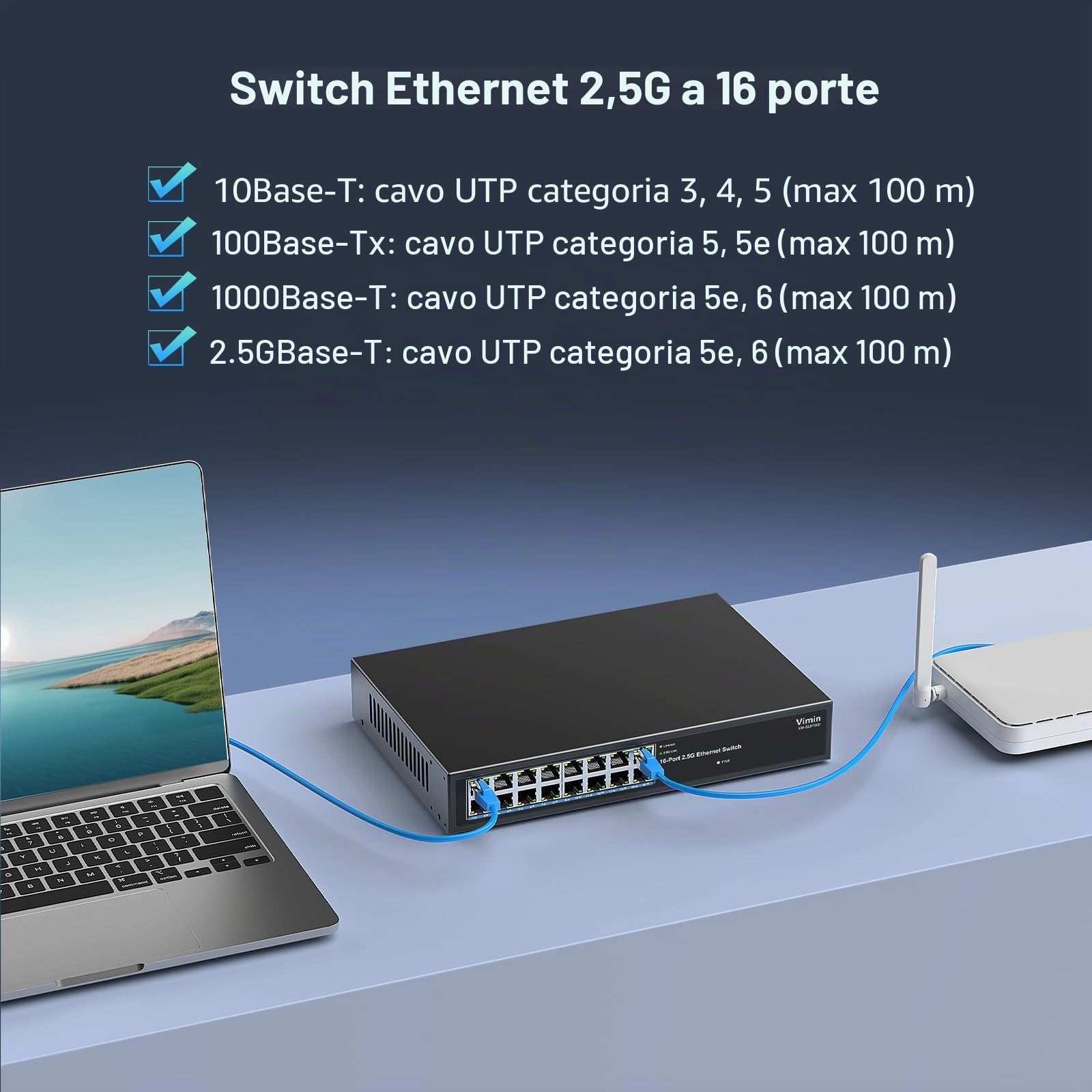 VIMIN Switch 2.5G Non gestito, 16 Porte 2.5GB Base-T Ethernet Switch, 2.5Gb Switch di Rete Plug & Play, Compatibile con 10/100/1000/2500Mbps, alloggiamento in Metallo, Senza Ventola, per Nas da 2,5