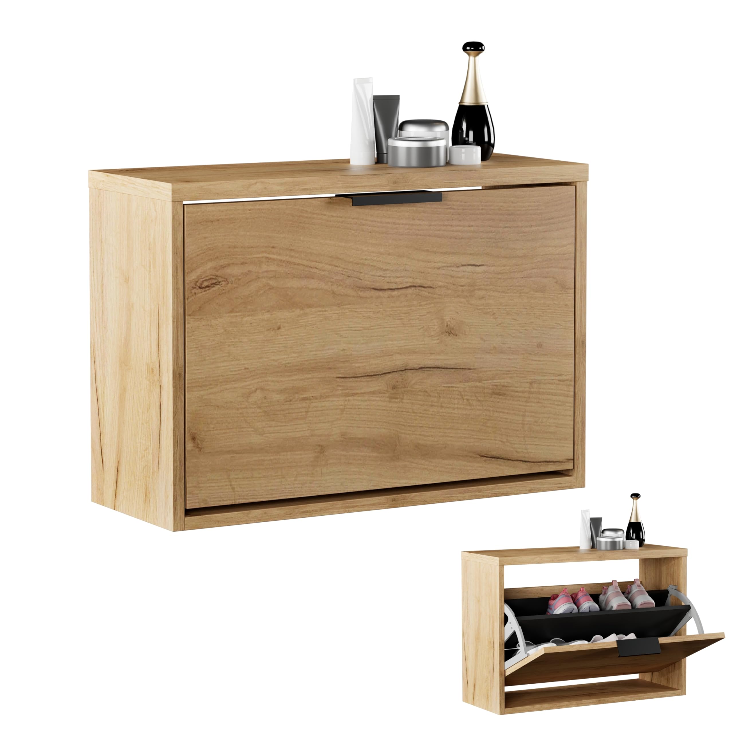 Planetmöbel scarpiera salvaspazio con 1 ante, scarpiera armadio con 2 ripiani, porta scarpe per ingresso, corridoio, guardaroba 60 x 23 x 42,5 cm, rovere dorato