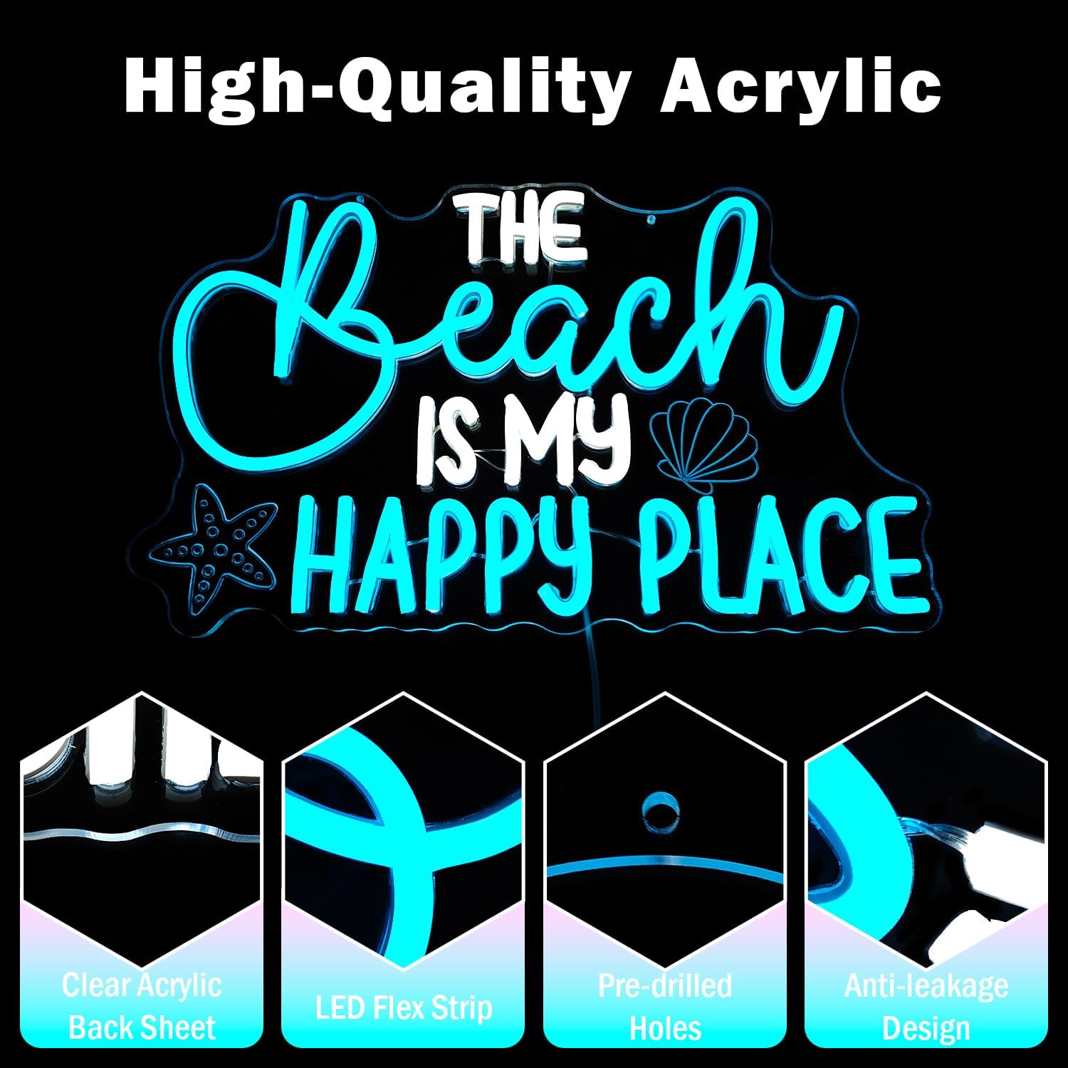 Beach Neon Sign The Beach Is My Happy Place Led Sign Dimmable Coastal Christmas Neon Lights Starfish Shell Light Up Signs Beachy Wall Art Summer Ocean Room Decor