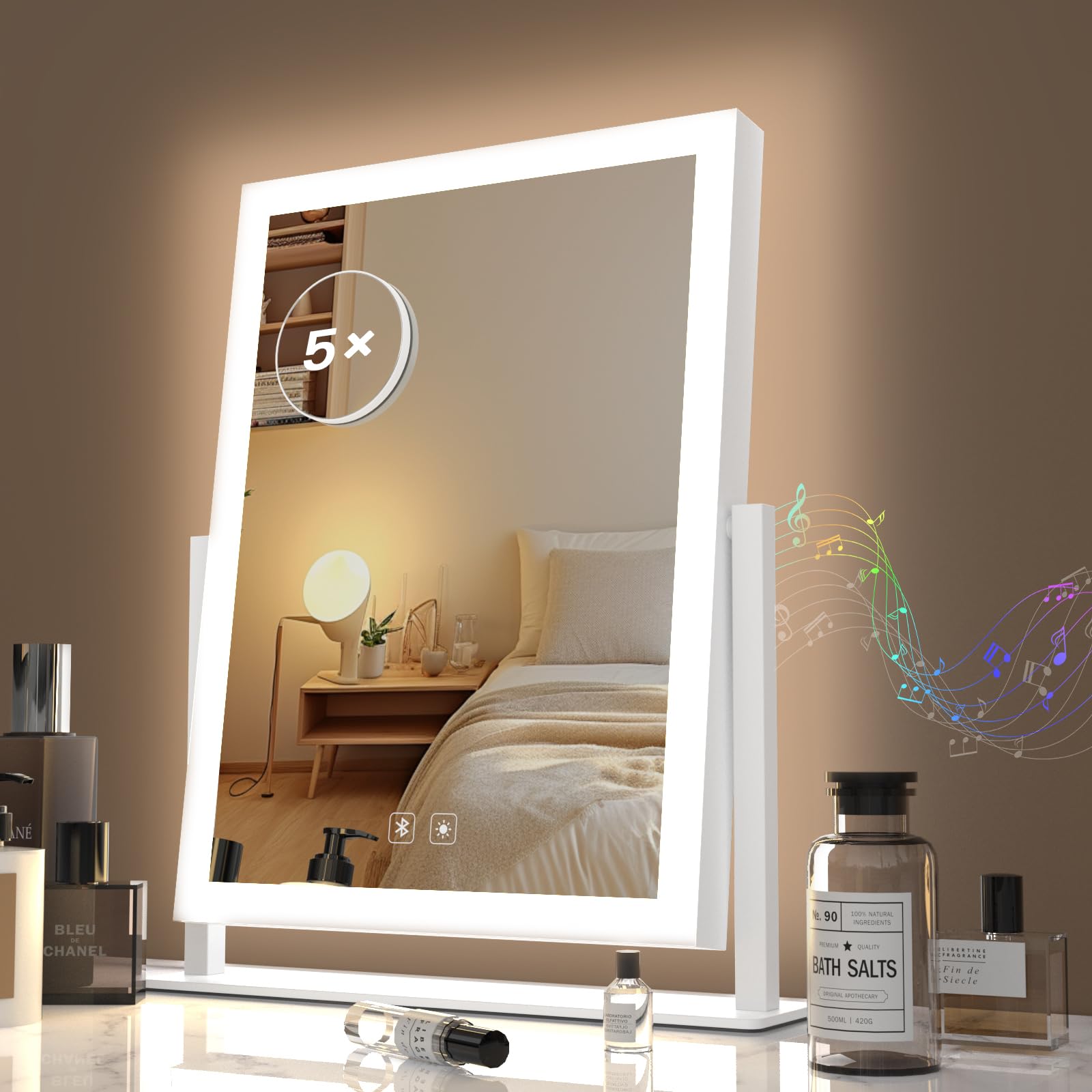 Gvnkvn Lighted Makeup Mirror with Bluetooth, Hollywood Vanity Mirror with Lights, Three Color Lighting Modes, 5X Magnification Mirror, Smart Touch Control, 360°Rotation (15.2in,White,)