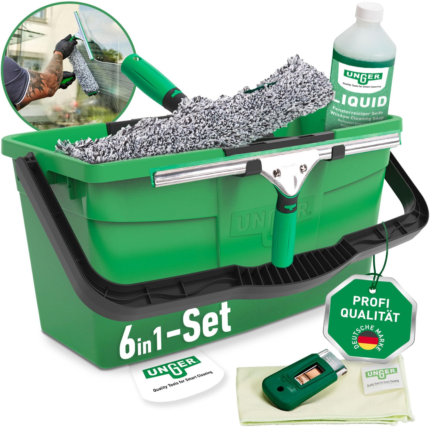UNGER ErgoTec Profi Fensterreiniger 6in1 Complete Kit – Profi Fensterputzer Set mit Fensterabzieher, Fensterwischer, Eimer, Reiniger-Konzentrat, Mikrofasertuch, Sicherheitsschaber für Glasreinigung