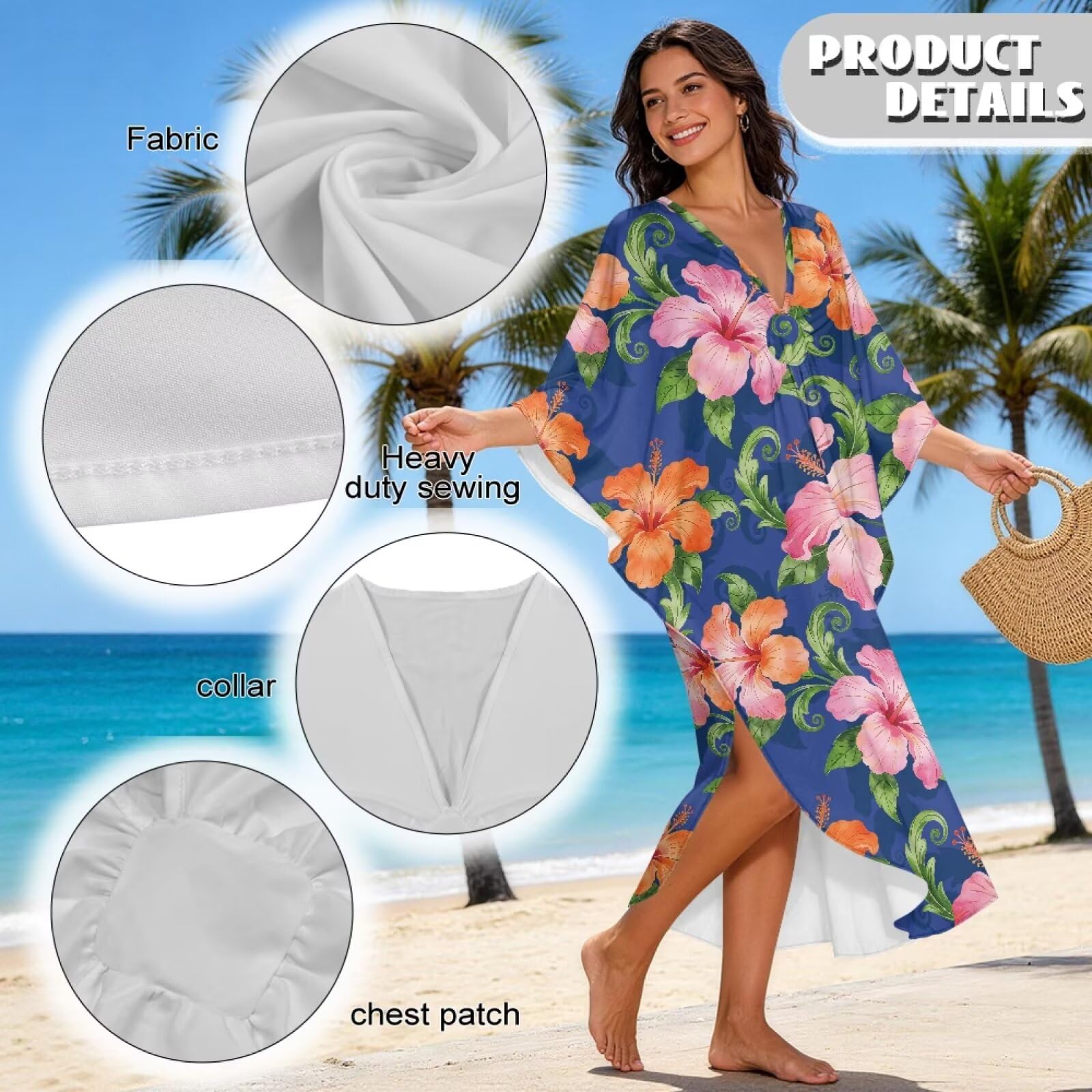 Abito caftano da donna con scollo a V, maniche a pipistrello, caftano, vestibilità ampia, copricostume da bagno