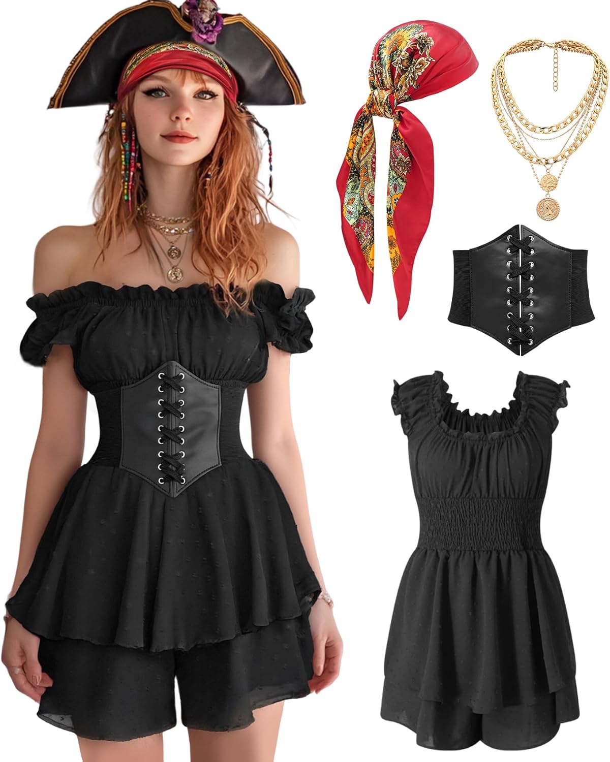 Womens Pirate Costume Dress Pirate Costumes Outfit for Women with Headscarf Corset Accessories 4PCS