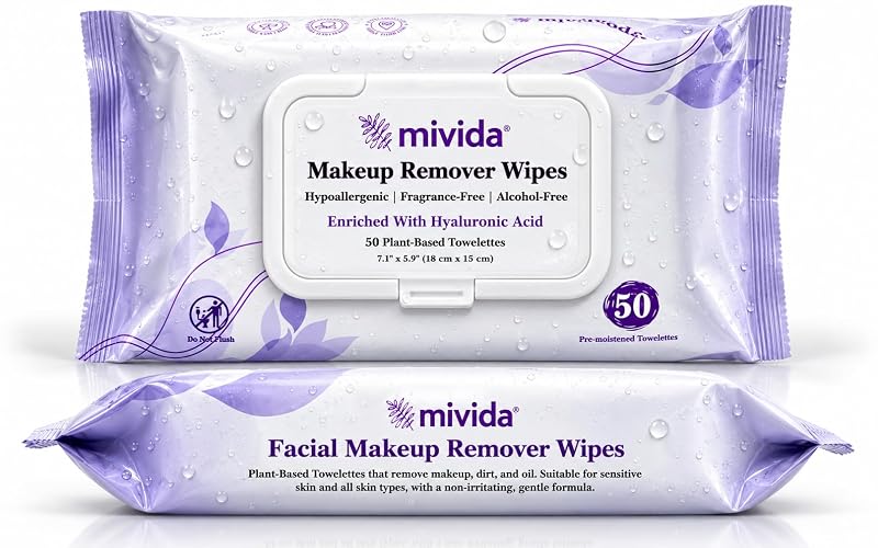 mivida Lenços Removedores de Maquiagem com Ácido Hialurônico, Sem Fragrância, Pacote com 2