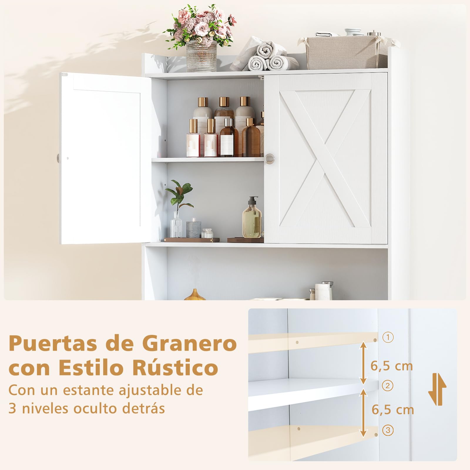 GIANTEX Mueble sobre Inodoro, Armario de Baño con Puertas, Compartimentos Abiertos y Soporte para Papel Higiénico, Estante Inferior Ajustable, 81,5x19,5x172,5cm, Organizador para Lavandería (Blanco)