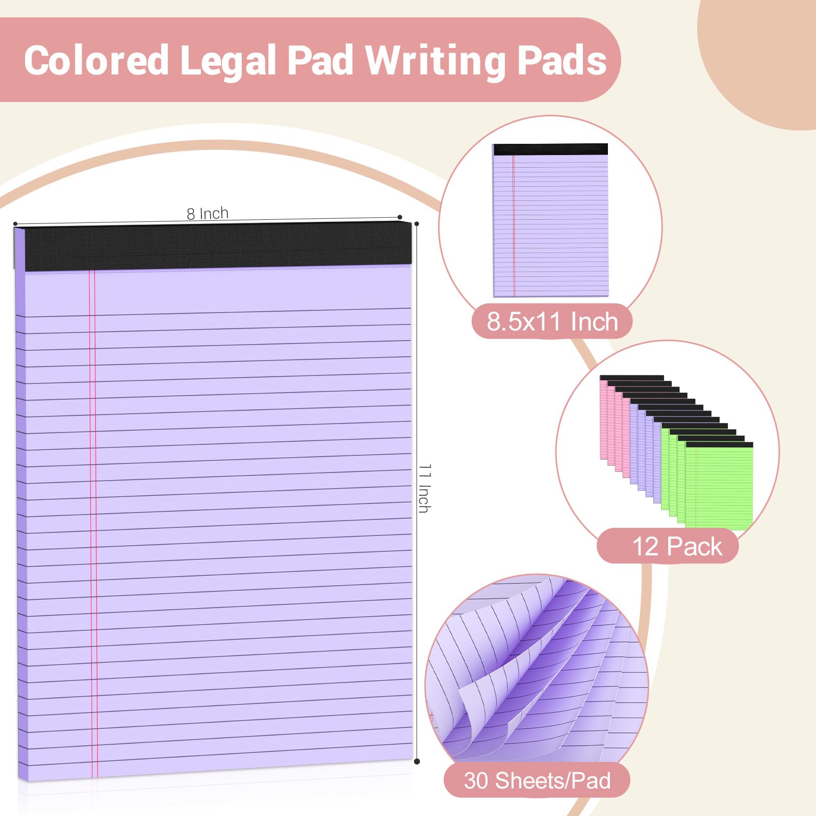 Lot de 12 blocs-notes colorés de 21,6 x 27,9 cm, papier ligné large, bloc-notes micro-perforé, 30 feuilles/bloc-notes, bloc-notes rose de 21,6 x 27,9 cm, tablette en papier pour l'école