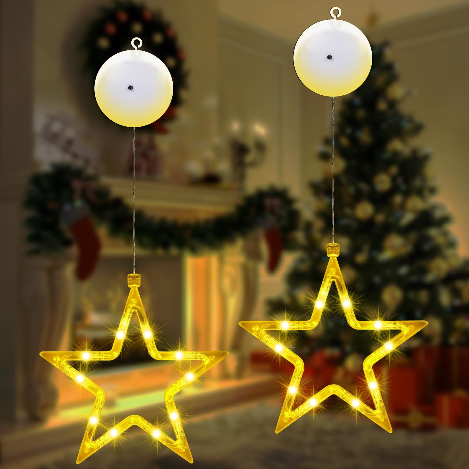AUAUY Hanging Star Windows Lights, 2Pcs with Suction Cup, LED Warm White Battery Operated 3 Modes, for Indoor Home Wedding Party Christmas Decorations
