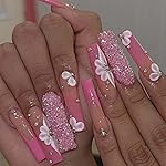 YoYoee Long Rose Nails Tips Glitter French False Nails Square Press on Nails Daisy Full Cover Ballerina Fake Nails for Women and Girls 24PCS