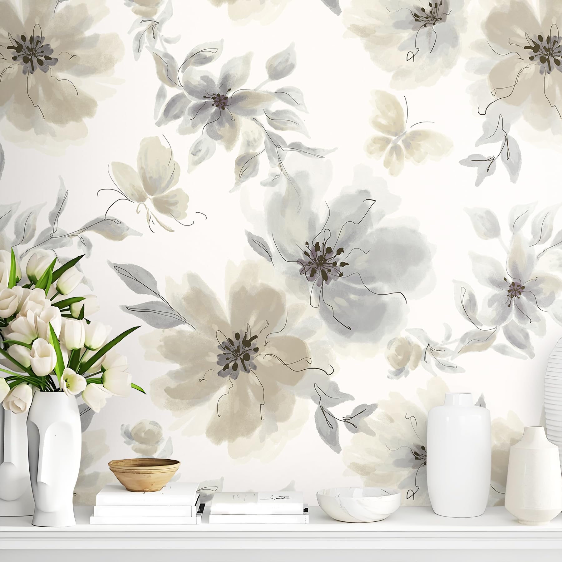 Guvana 17.32"x197" Beige Peel and Stick Wallpaper Beige Floral Wallpaper Modern Self Adhesive Wall Paper Leaf Butterfly Contact Paper for Bedroom