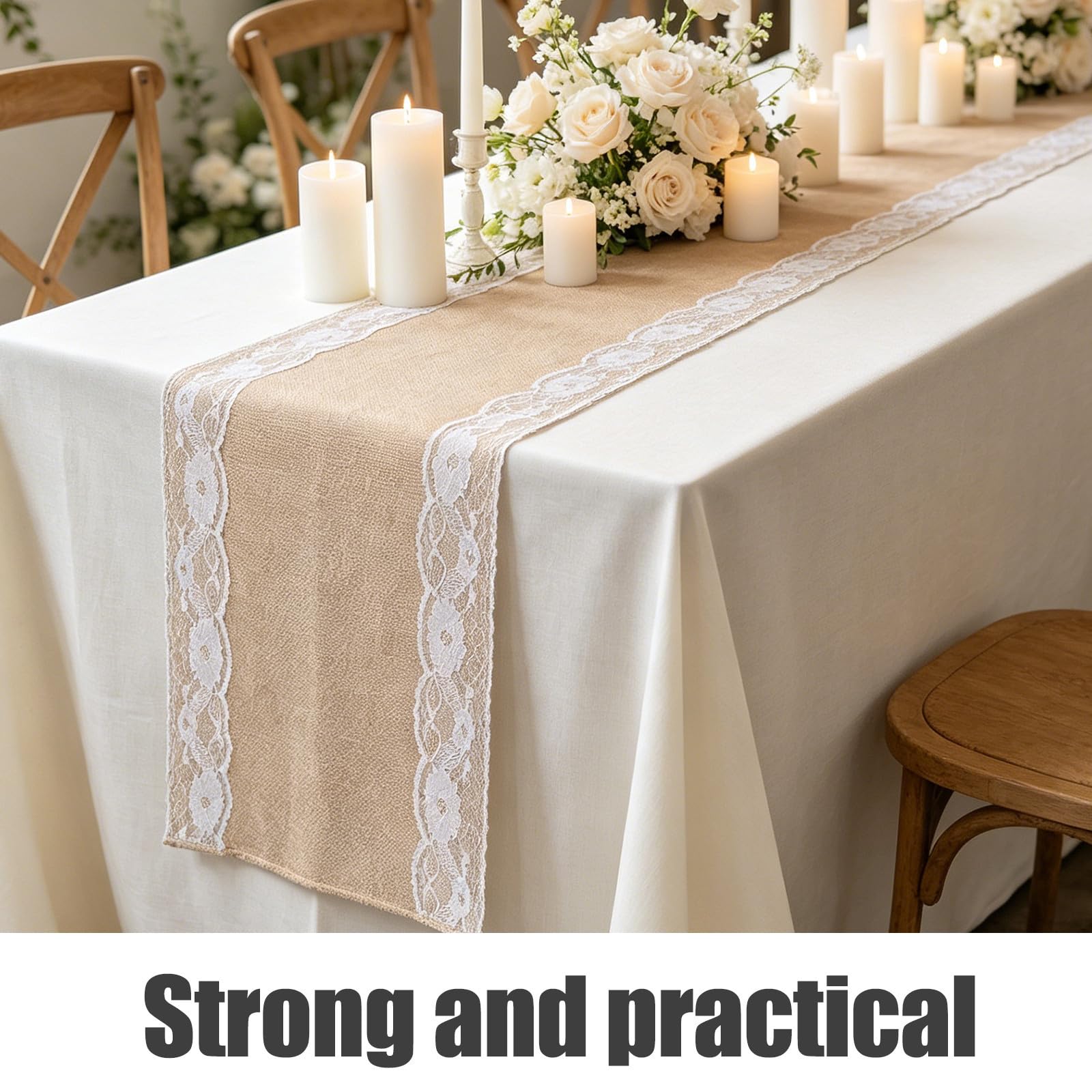 VOSAREA 12 Pièces Chemin de Table et Résistant Déformation en Lin Rustique 30 X 178 Cm Bordure Blanche, Lavable en Machine pour Mariage et Réception