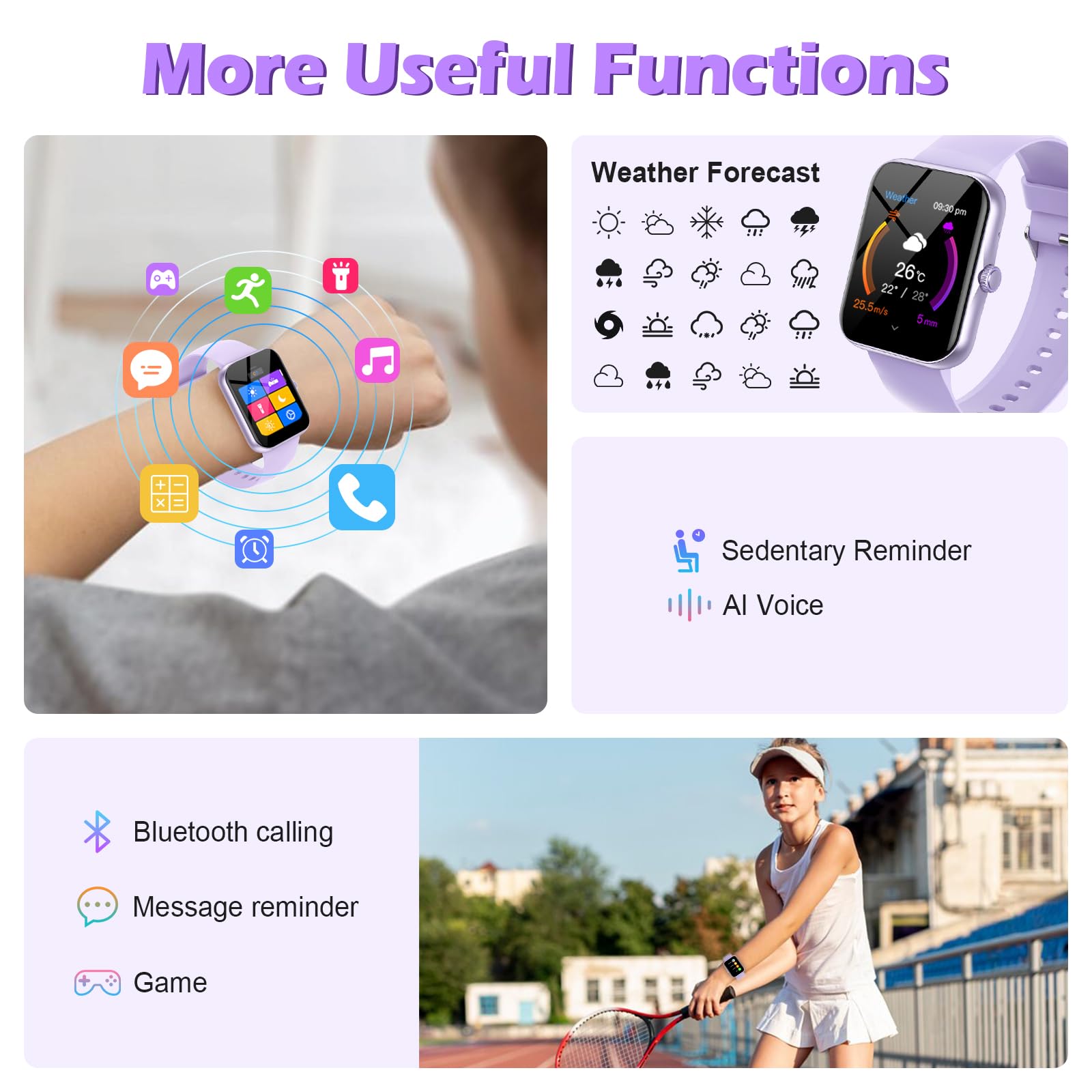 Orologio Smartwatch per Bambini, 1.8" Intelligente Fitness Tracker per Ragazzi Ragazze con 100+ Modalità Sportive, Contapassi, Sveglia, Sonno, Giochi, Smart Watch per Bambino Ado 5-16 Regalo, Viola