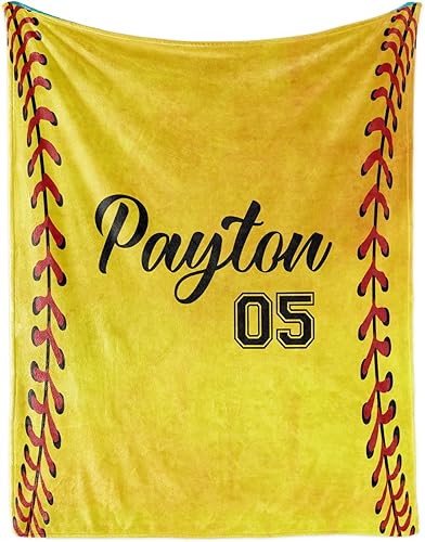 Dyoart Manta personalizada de sóftbol para niños con Naumber y nombre, manta deportiva personalizada para cama de 0 a 3 meses, esencial para bebés,