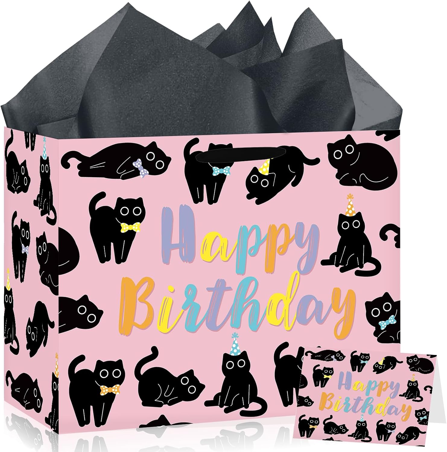 Peconal Black Cat Birthday Gift Bag with Charcoal Tissue Paper & Card (11.8"x9.4"x5.3"), Cute Kitten Party Hats Bowties Favor Bag with Ribbon Slot Handles for Girls Kids Women Black Cat Lovers