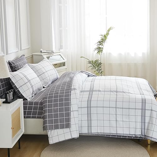 Miniatura 4 de EMME Juego de edredón King de 7 piezas Bed in a Bag, ropa de cama a cuadros con edredón blanco y negro, sábanas, fundas de almohada y fundas,