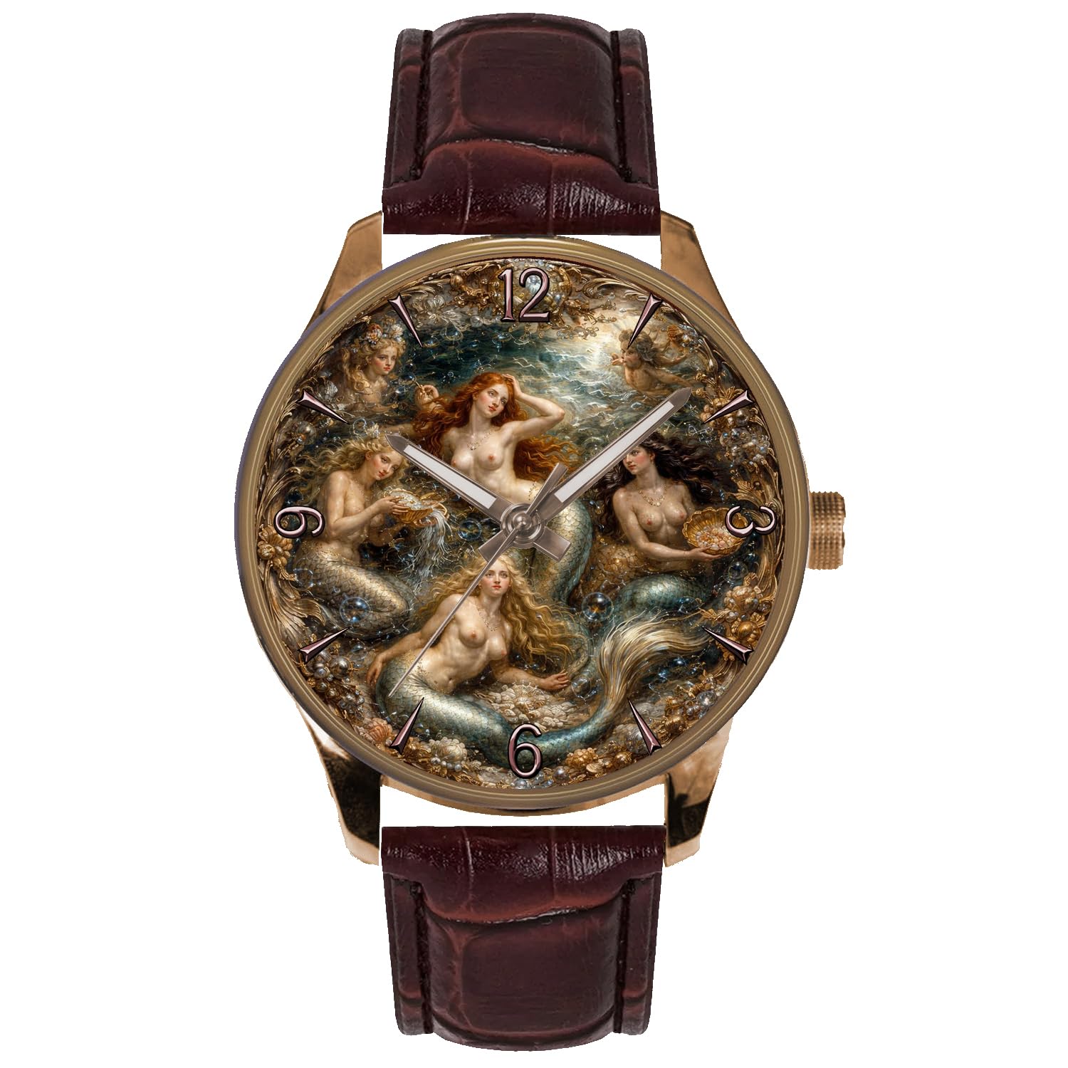 Mermaids & Cherubs Mirrored Brass Dial Solid Brass Collectible Rubens Art Watch