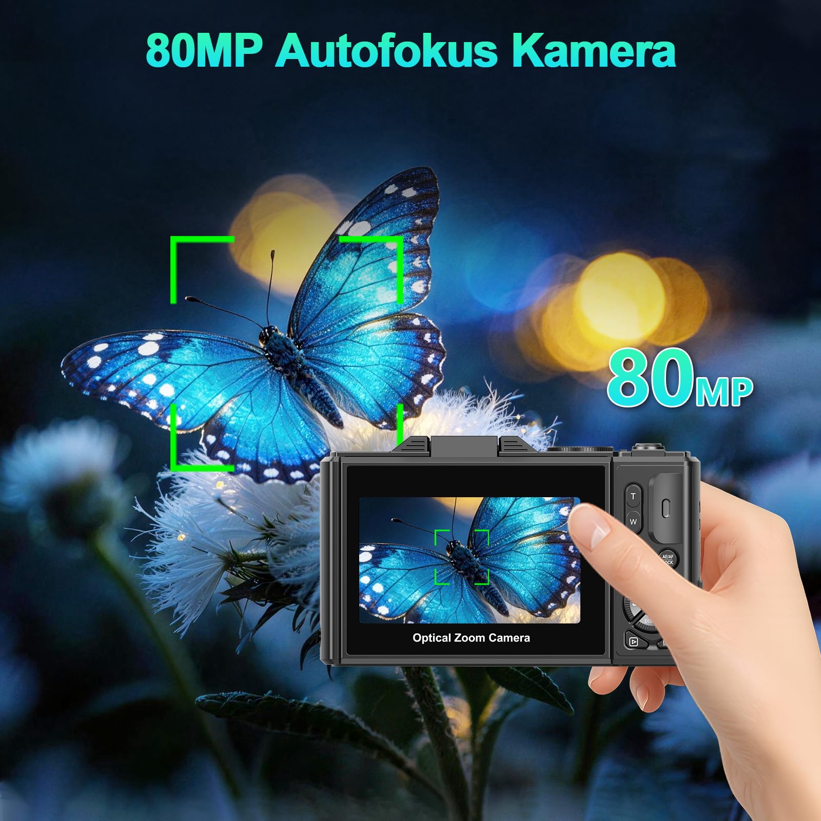 Digitalkamera 5K WiFi 80MP Kamera Fotokamera mit 12X Optischer Zoom, 3" 180° Flip Autofokus Fotoapparat Kompaktkamera für Anfänger, 2 Akkus, 16GB Karte, Schwarz