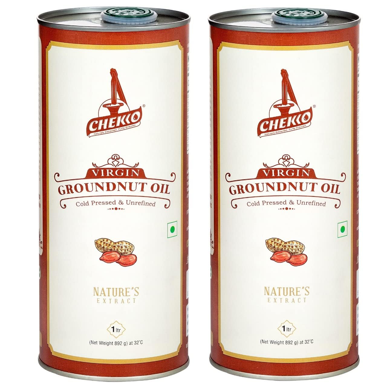 Cold Pressed Peanut/Groundnut Oil (Virgin, Kachi Ghani, Chekku) | 100% Natural, Pure, Non GMO & Wood Pressed (2L) for Cooking - (1 Litre*Pack of 2)