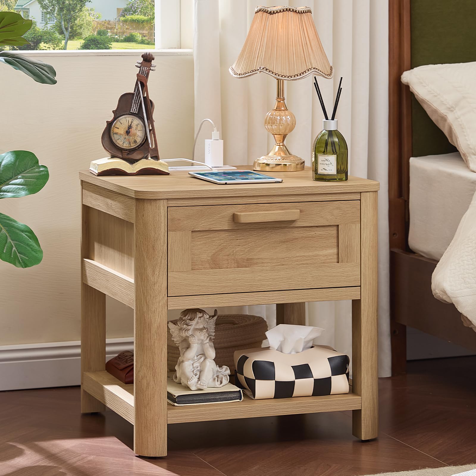 Joaxswe Farmhouse Night Stand with Charging Station, Natural