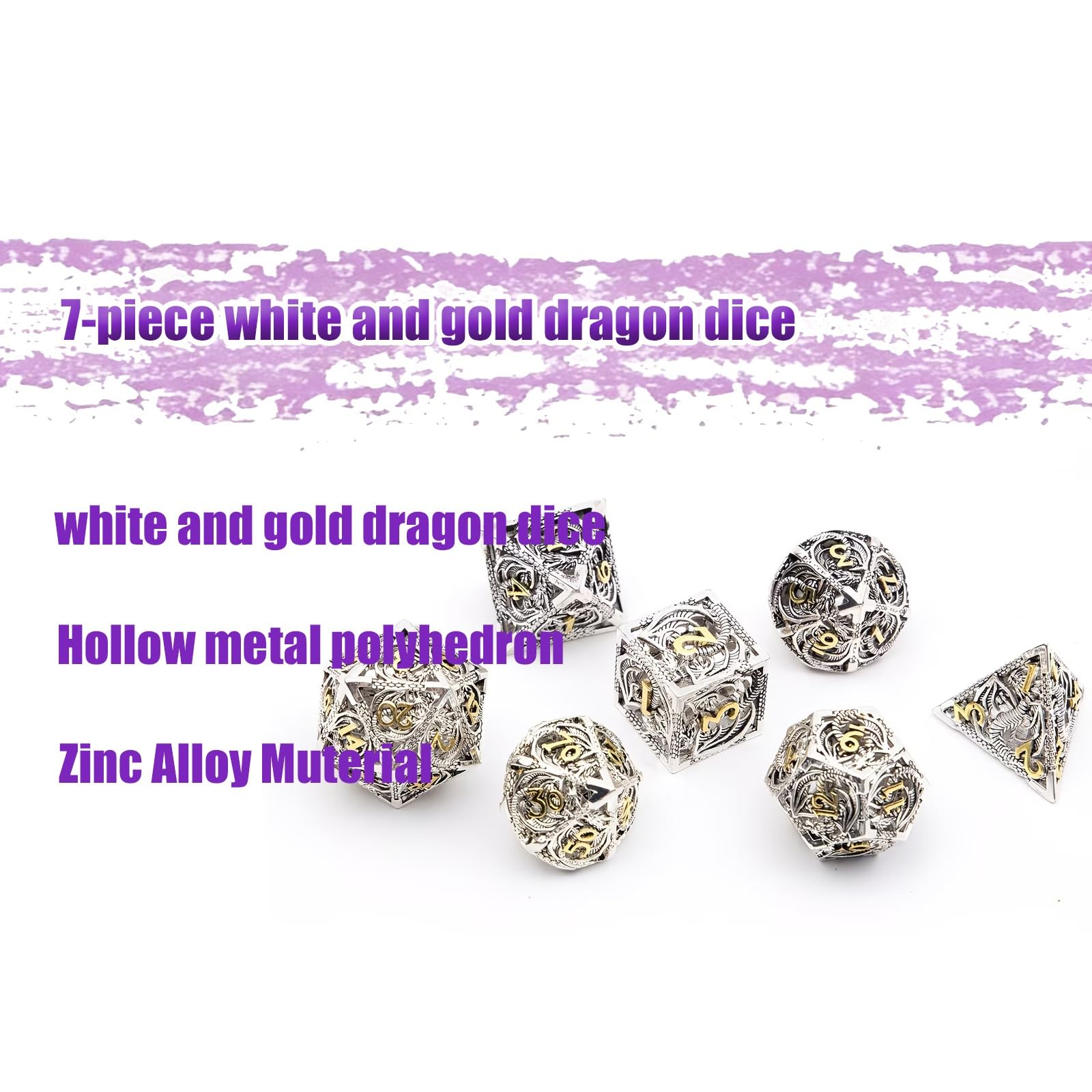 Dés Dragon Blancs et Or (7 Pièces), Polyèdres Creux, Compatibles avec Les Jeux de Rôle, de Plateau et de Cartes