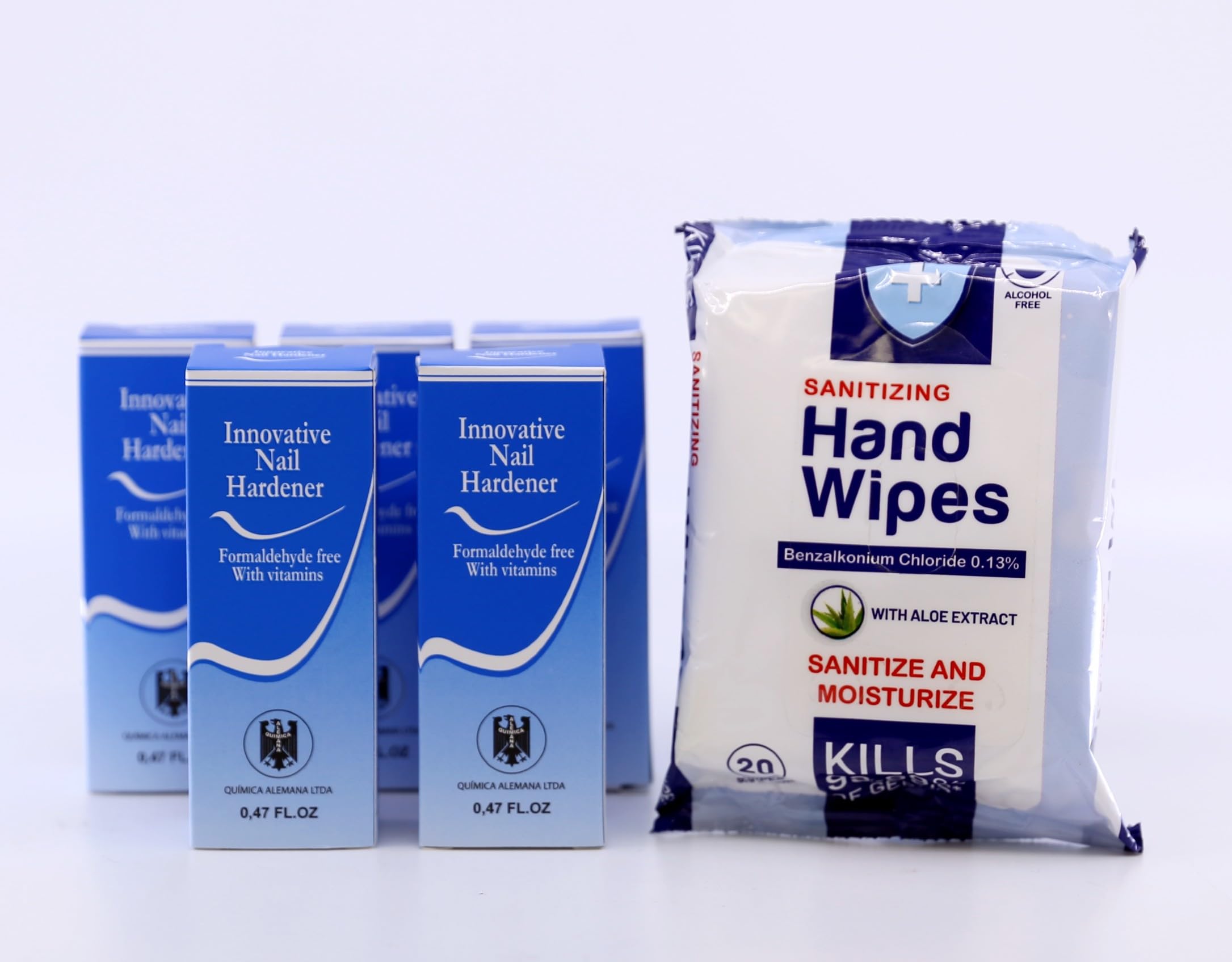 (Pack of 5) Qumimca Alemana Innovative Nail Hardener 0.47 fl oz | Fomaldehyde free with vitamins | protective barrier prevents chipping) |nail strengthener with Sanitizing hand wipes(20 sheets)