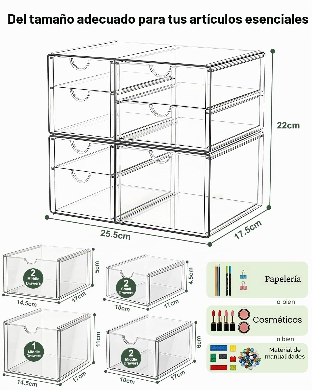 GoMaihe Organizadores de Escritorio (pack de 2): Organizador de Maquillaje Acrílico con 7 cajones | Organizador Multifuncional para bolígrafos, artículos de papelería(25,5 x 21,5 x 17,5 cm)