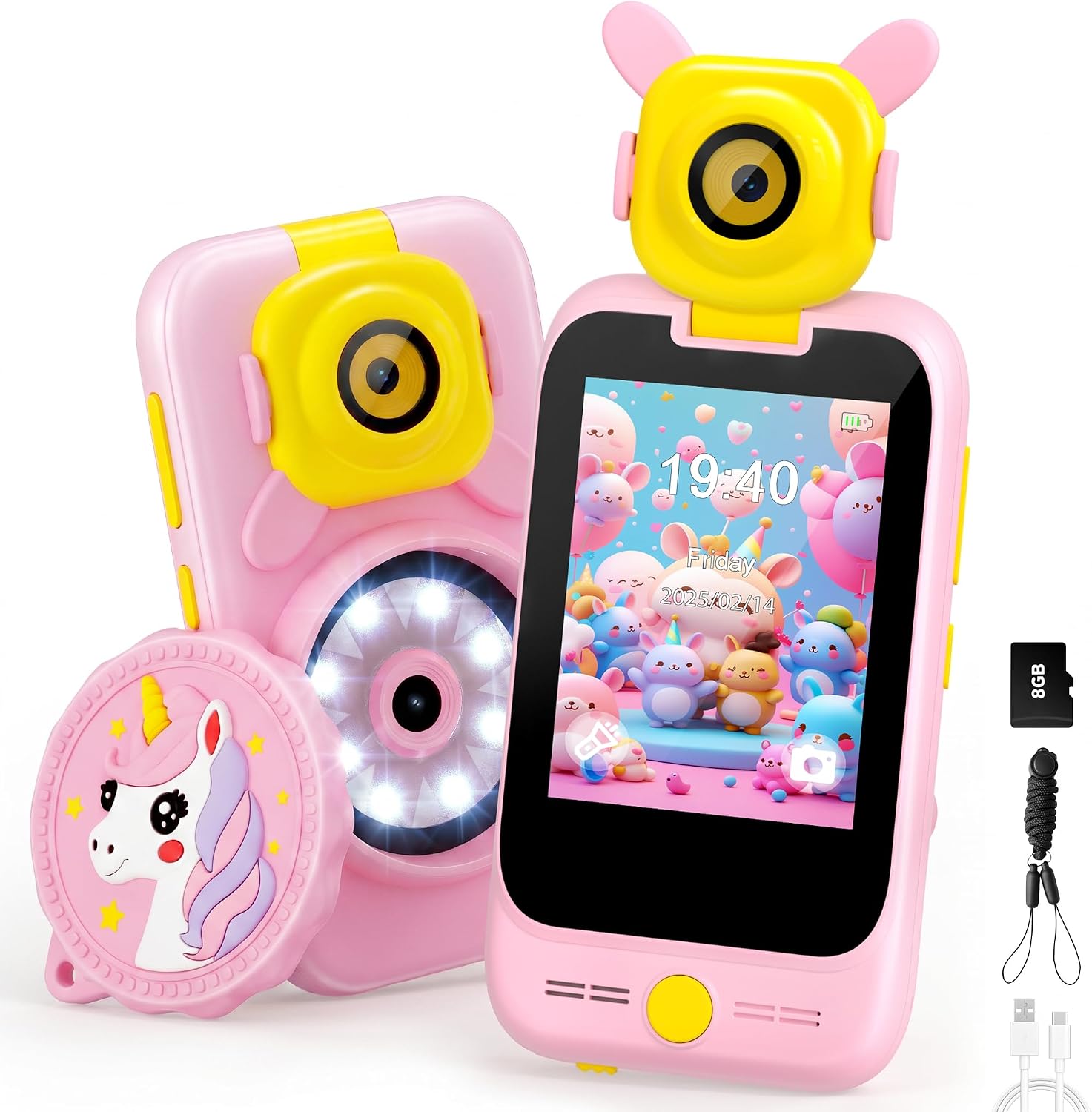 Kids Smart Phone with Microscope, Play Phone Toy for Girls Ages 3-10, Pink | 2-in-1 Toddler Fake Phone with 180° Flip Camera, 8GB SD Card, Games, Music & Learning, Birthday & Christmas Gift