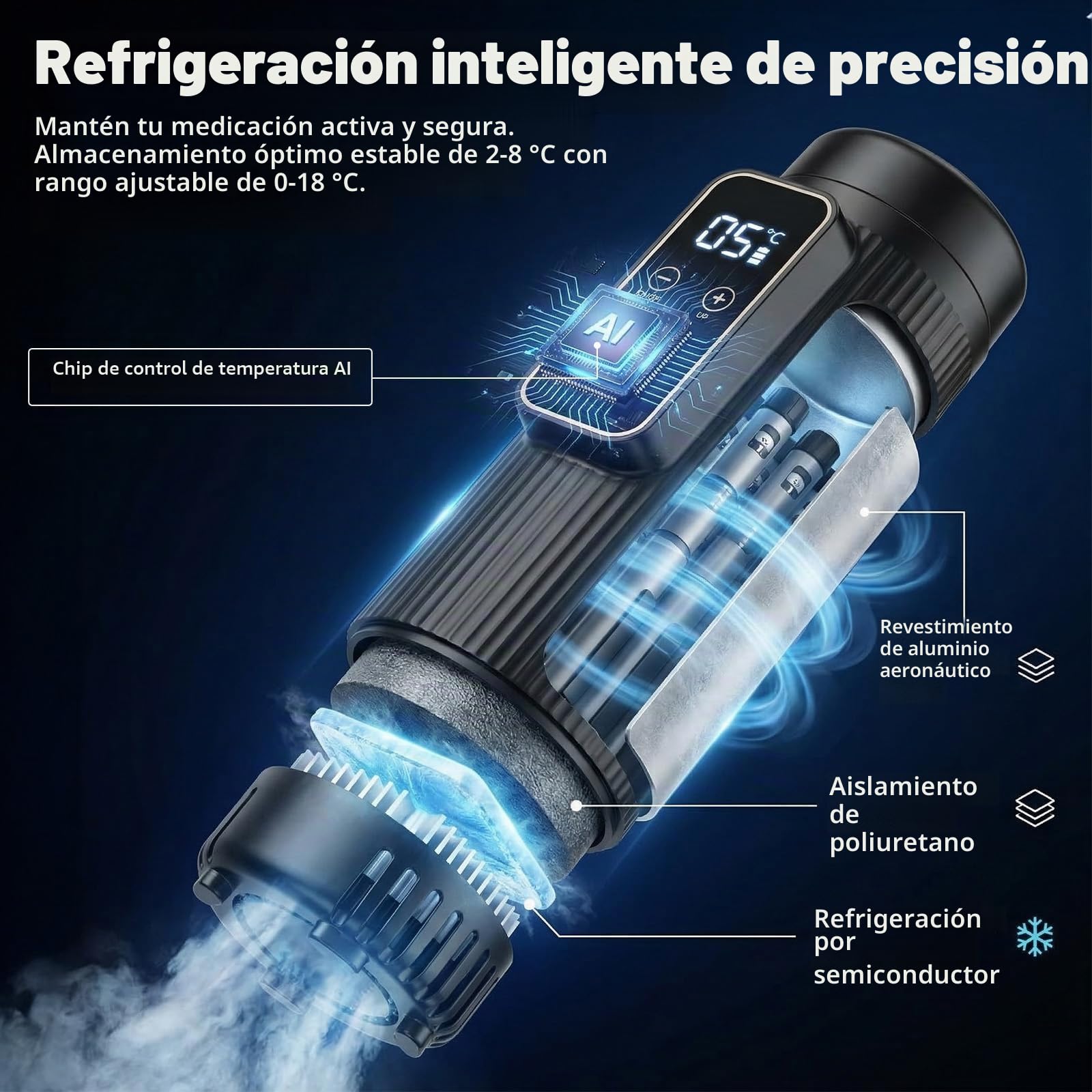 Nevera portátil para bolígrafos de insulina para viajes, con batería de alta capacidad, control inteligente de temperatura, interior de aluminio resistente, capacidad de 3 a 4 cartuchos de insulina