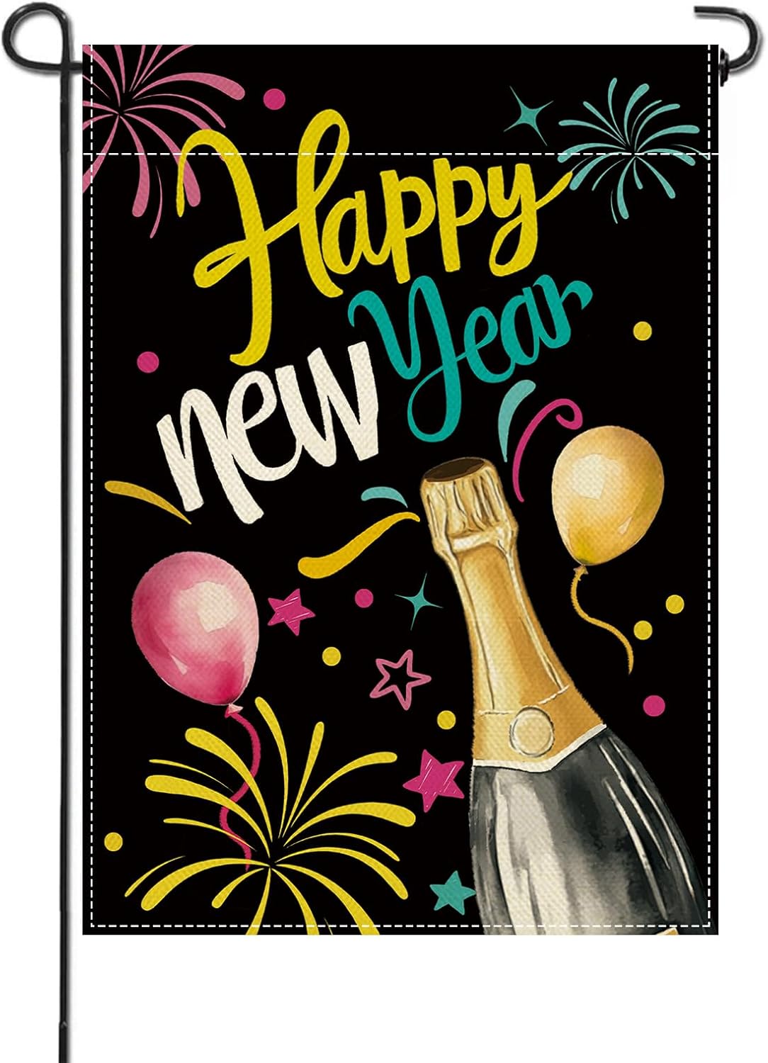 Artofy Happy New Year 2026 Small Decorative Garden Flag, Colorful Champagne Fireworks Balloon Celebration Yard Outside Decor, Christmas Winter Burlap Outdoor Home Decoration Double Sided 12 x 18