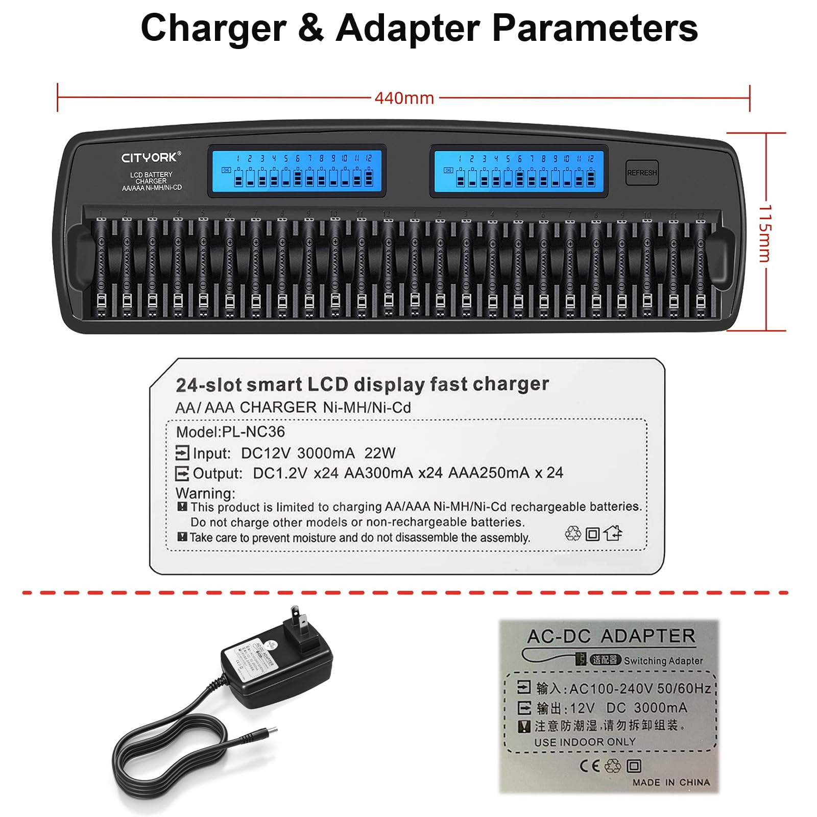CITYORK 24 Bay AA AAA Large Smart Battery Charger LCD Display for 1.2V AA/AAA NiMH/NiCd Rechargeable Batteries Built-in IC Protection with Car Charger&AC Wall Adapter