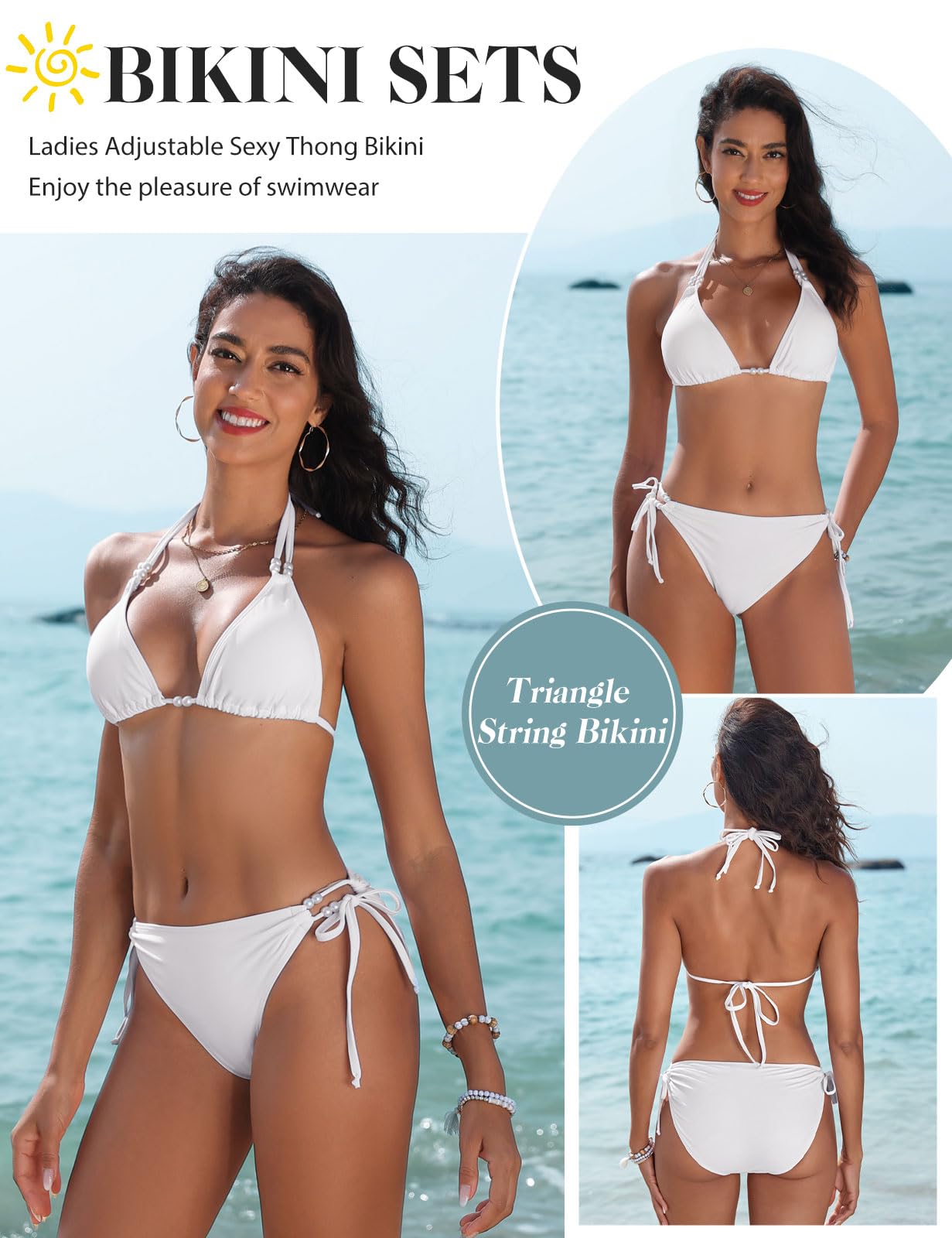 CMTOP Bikini Damen Set Neckholder Triangel Bikini Badeanzüge String Bikini Verstellbare Schnürung Hohe Taille Kordelzug Bikinihose Sexy Swimsuit Zweiteiliger Badeanzug mit Perlen